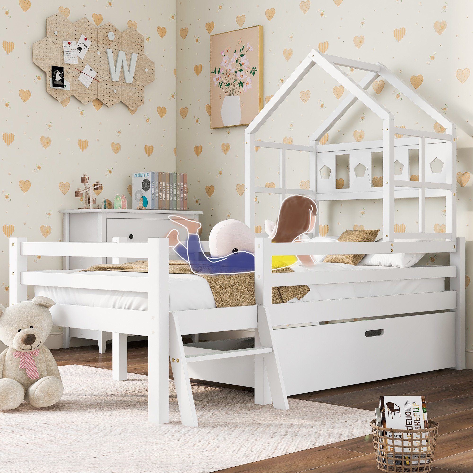Flieks Hochbett Kinderbett Hausbett mit Schublade günstig online kaufen
