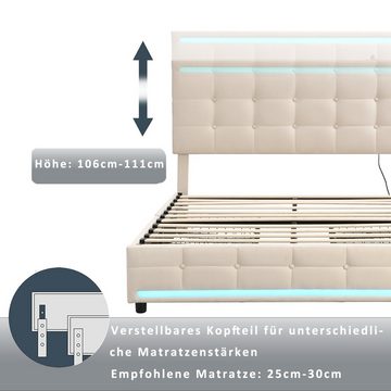 Merax Polsterbett 140x200 cm mit LED und Leinenbezug, Doppelbett mit Metallrahmen und USB, Funktionsbett mit 4 Schubladen