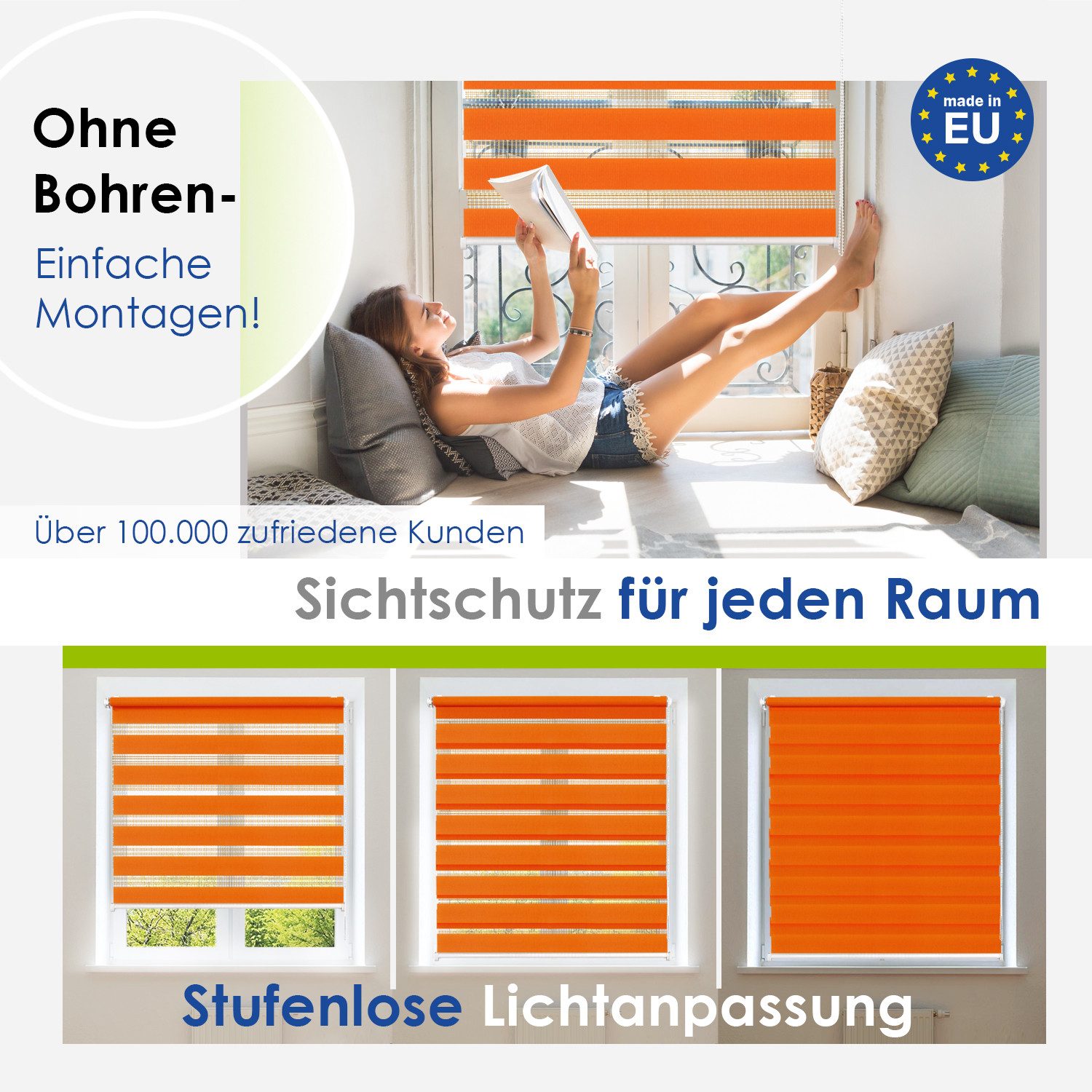Doppelrollo Klemmfix, ohne Bohren, Sichtschutz, Rikmani, Klemm- oder Schraubmontage, Moderne Optik, Klemm- oder Schraubmontage, Sicht- und Sonnenschutz