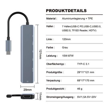 neue dawn Laptop-Dockingstation 7 Port USB C Hub 4K HDMI 85W PD für iPhone Samsung iPad Adapter, (85W Schnellaufladung)