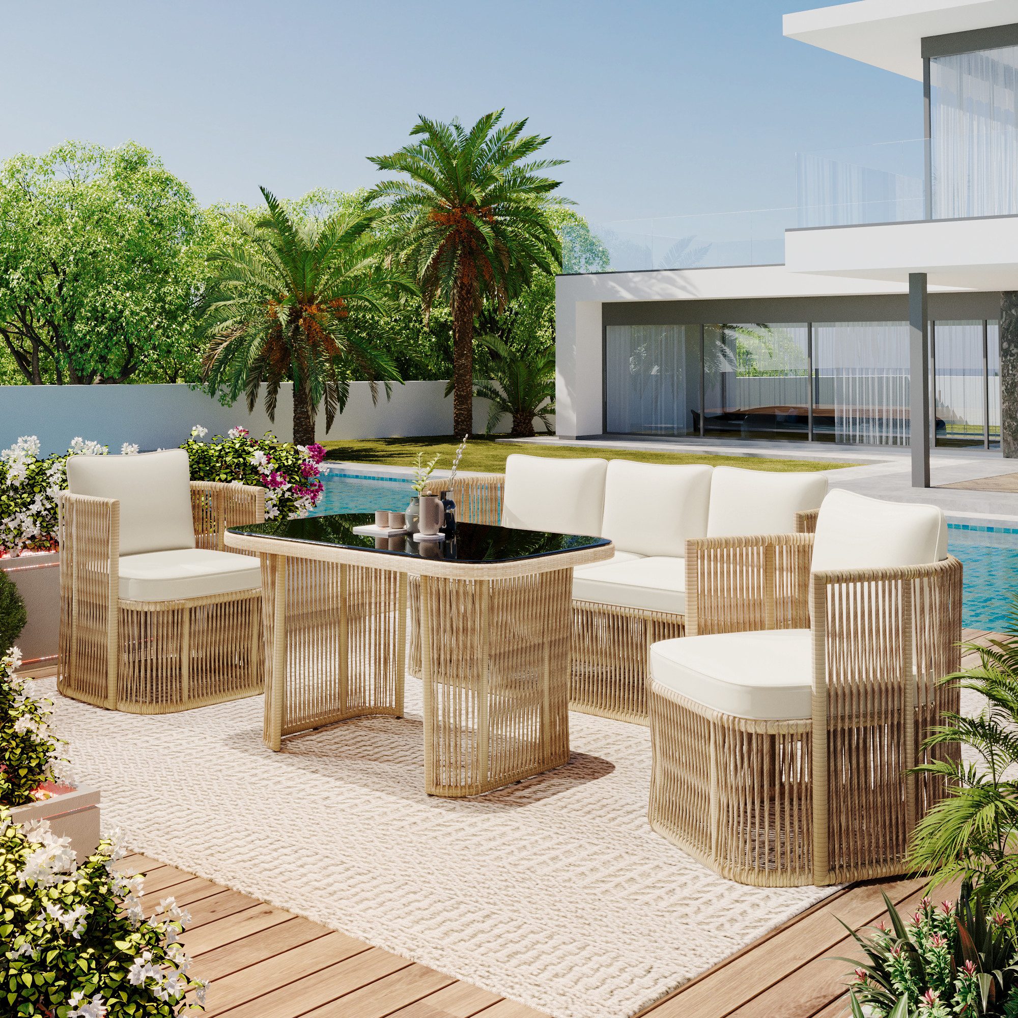 Flieks Gartenlounge-Set, 5-Sitzer Gartenmöbel Balkonset aus PE-Rattan mit gehärtetem Glasplatte