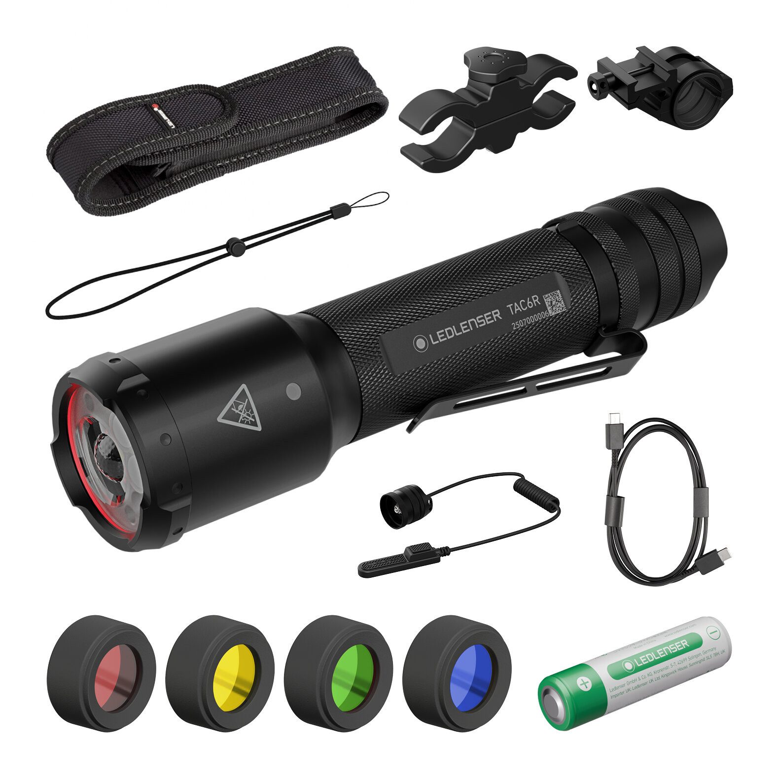 Ledlenser Taschenlampe TAC6R Outdoor Set, bis 2000 Lumen, 370m Leuchtweite, 15h Laufzeit, mit 9-tlg. Zubehör Set