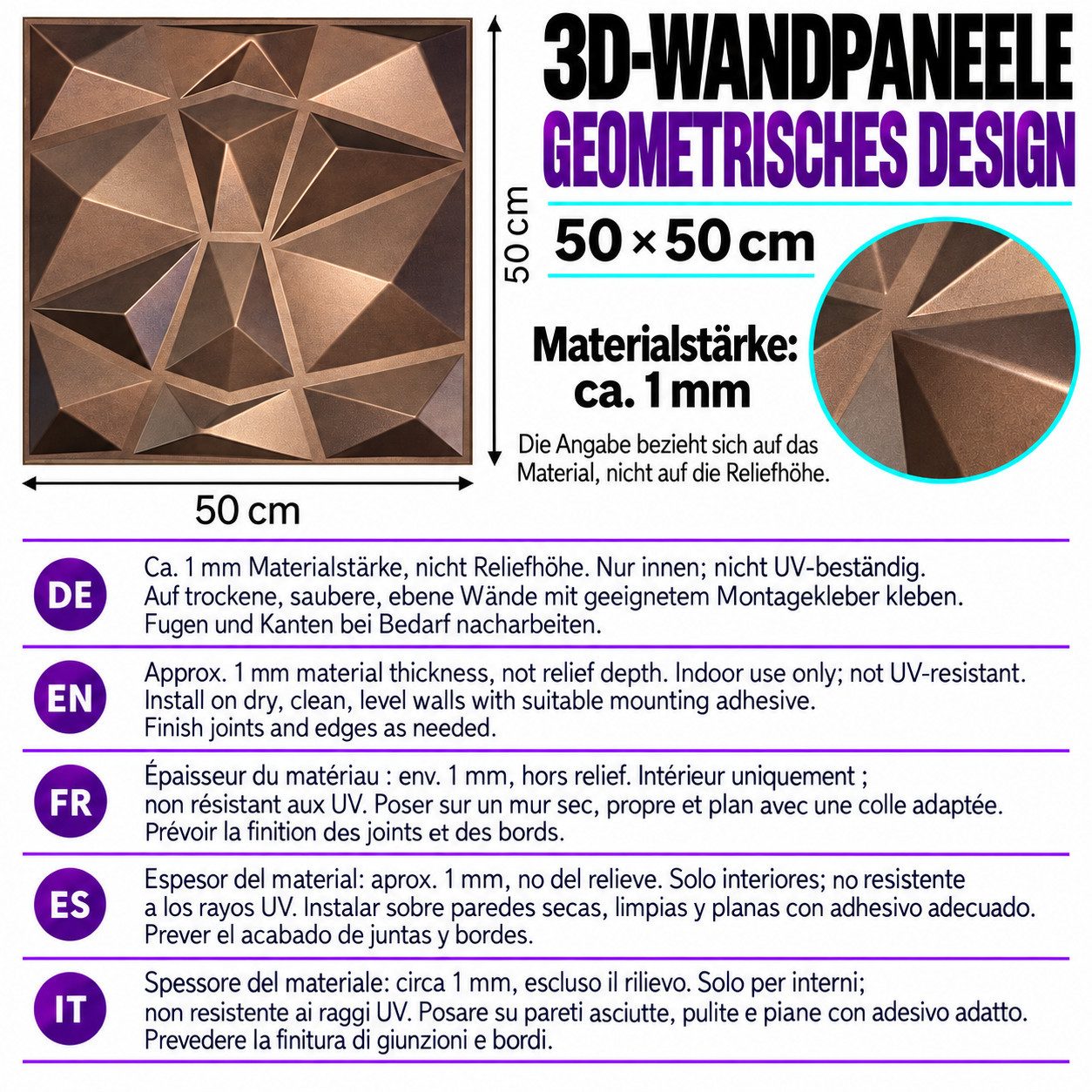 IKHEMalarka 3D Wandpaneel 3D Paneele PVC Kunststoffpaneele, BxL: 50,00x50,00 cm, 0,25 qm, (1 Stück, 3D Wandpaneele Deckenpaneele) hochwertige & harte PVC 3D Pla – Bild 2 von 5