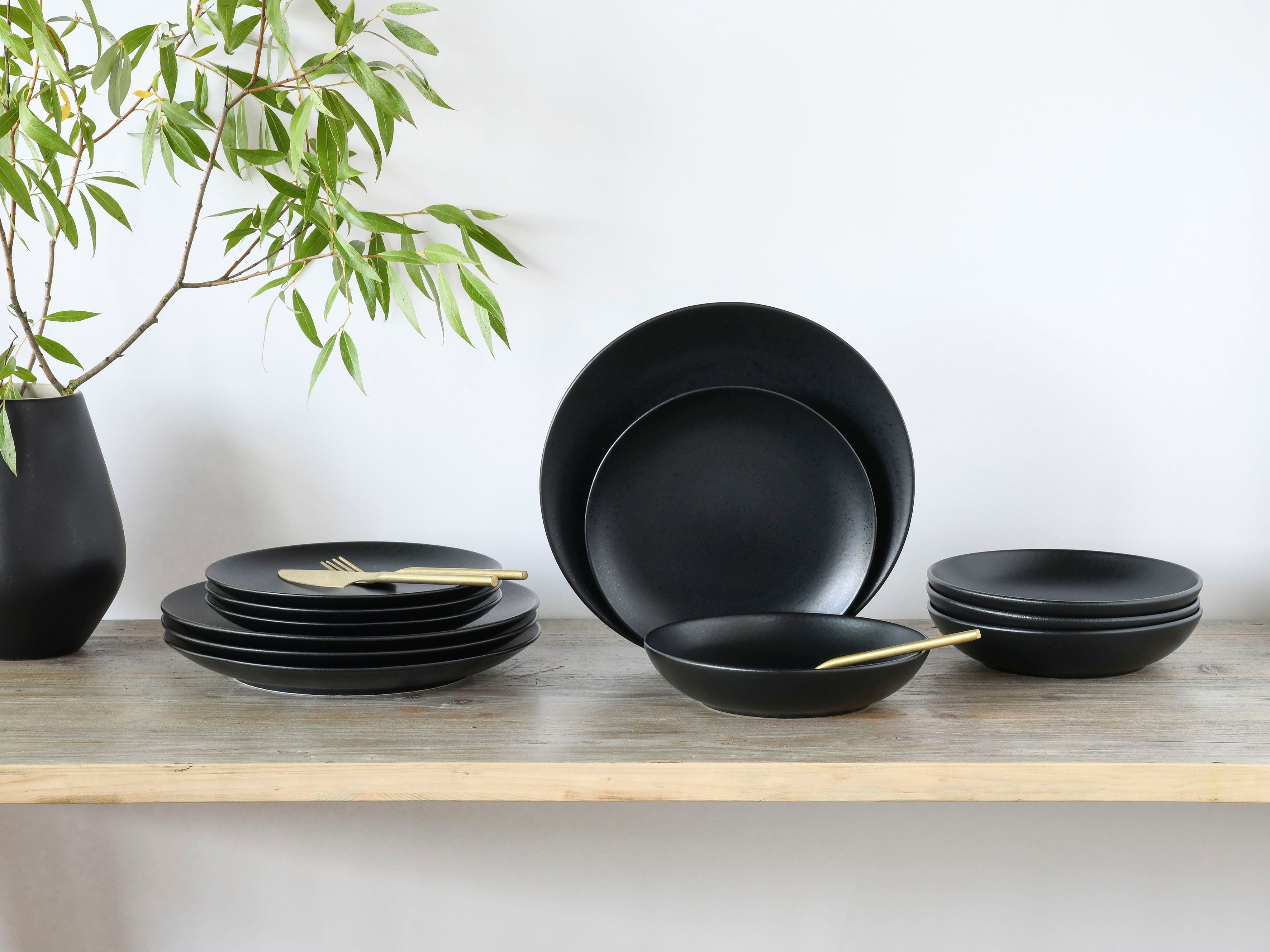 CreaTable Tafelservice Magic Black Coupe (12-tlg), 4 Personen, Steinzeug, Teller Set, matte Spezialglasur mit glänzenden Sprenkeln