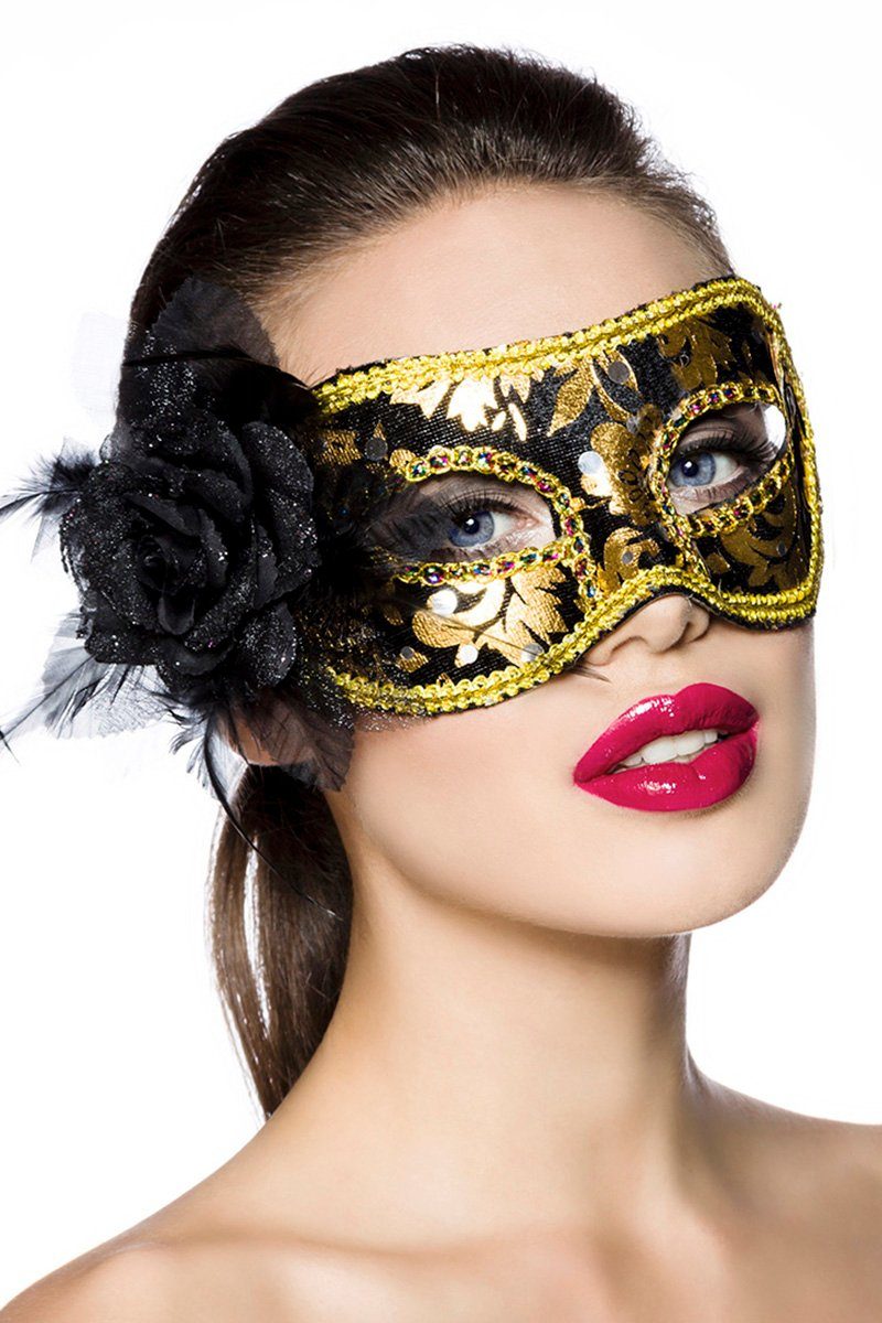 Andalous Dessous Erotik-Maske Maske schwarz/gold mit Blumenschmuck Augenmaske