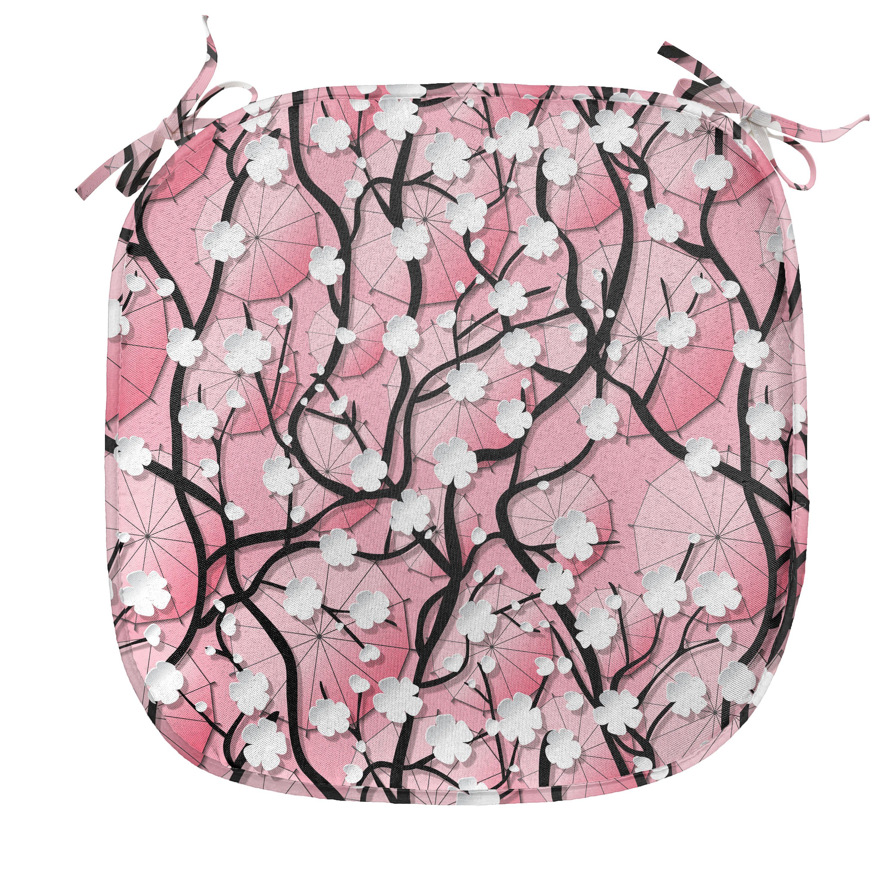Abakuhaus Stuhlkissen Dekoratives wasserfestes Kissen mit Riemen für Küchensitze, Rosa Sakura Baum Regenschirme