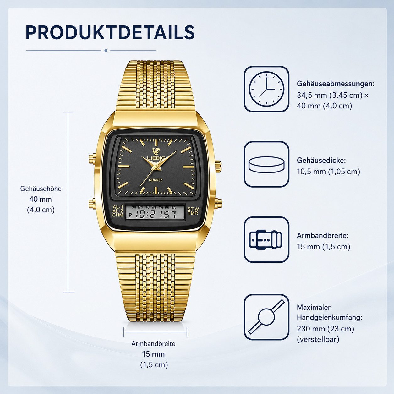 ibettertec Quarzuhr Herrenuhr Analog-Digital mit Dualzeit, Alarm und Stoppuhr, Doppelwerk, Edelstahlarmband, 3ATM wasserdicht – Bild 5 von 5