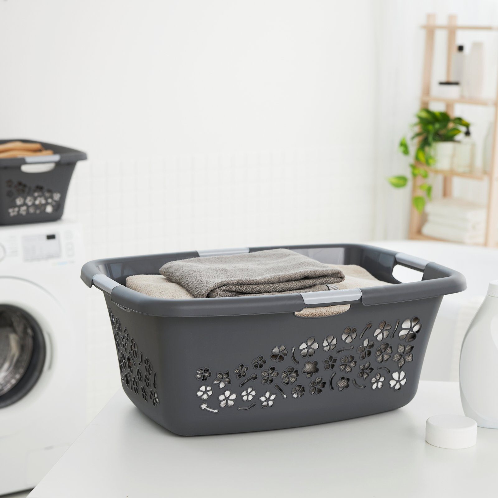 ROTHO Wäschekorb Flowers 3er-Set Wäschekorb 50l, Kunststoff (PP) BPA-frei (Wäschekorbset, 3er-Set), belastbare Tragegriffe – Bild 3 von 5