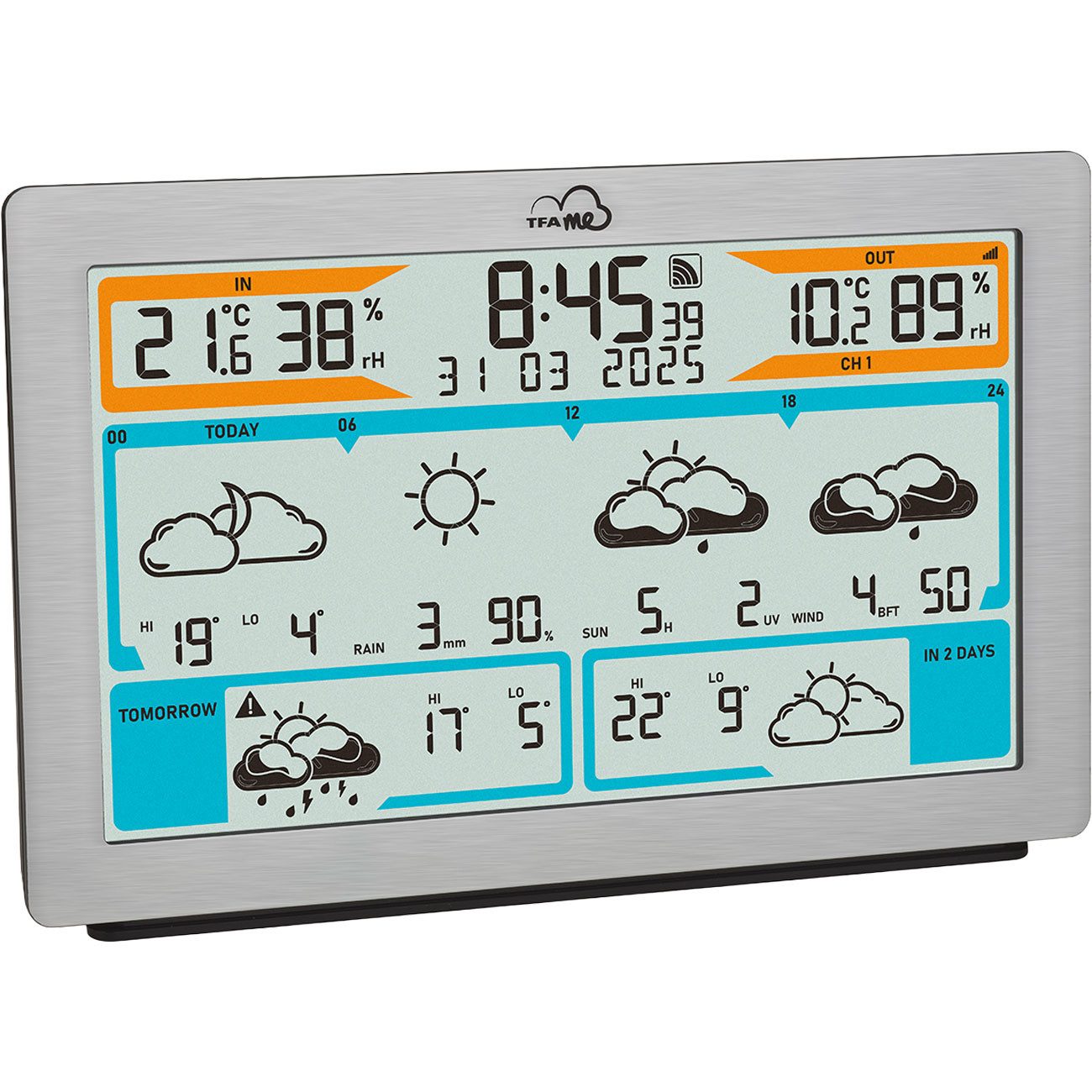 TFA Dostmann WLAN Funk-Wetterstation, wetter.com-Prognose, TFA.me, 100m, Silber Funkwetterstation (Digital-Thermometer, Hygrometer, Warnung, Metall-Optik)