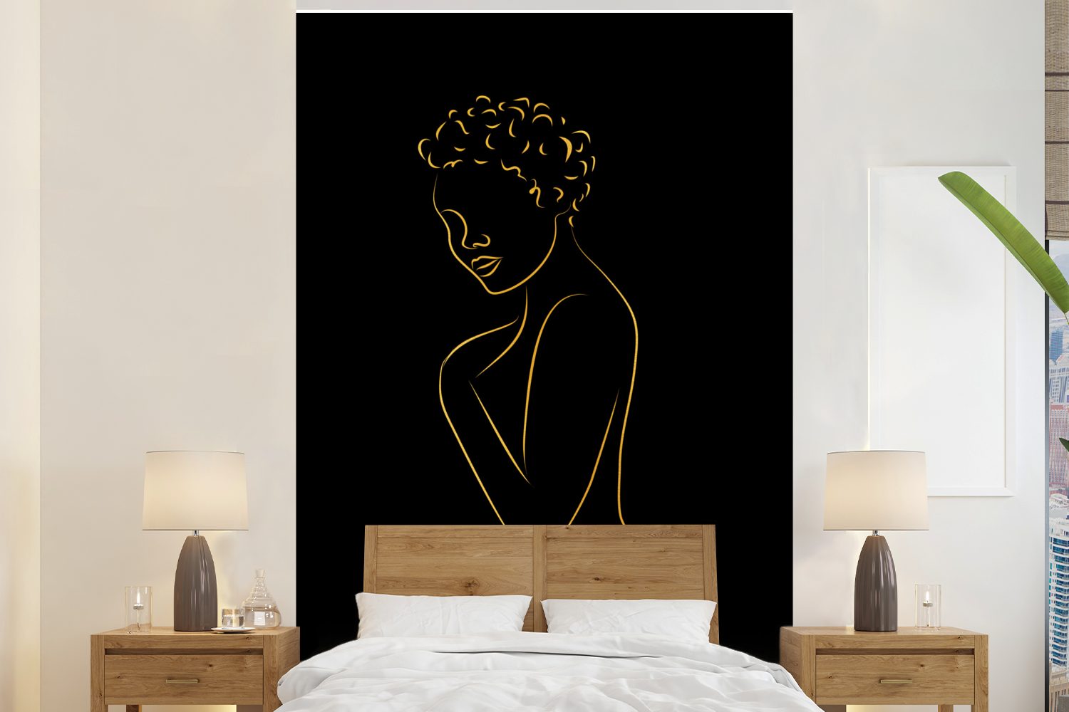 MuchoWow Fototapete Frau - Schwarz - Gold - Strichzeichnung, Matt, bedruckt, (3 St), Montagefertig Vinyl Tapete für Wohnzimmer, Wandtapete