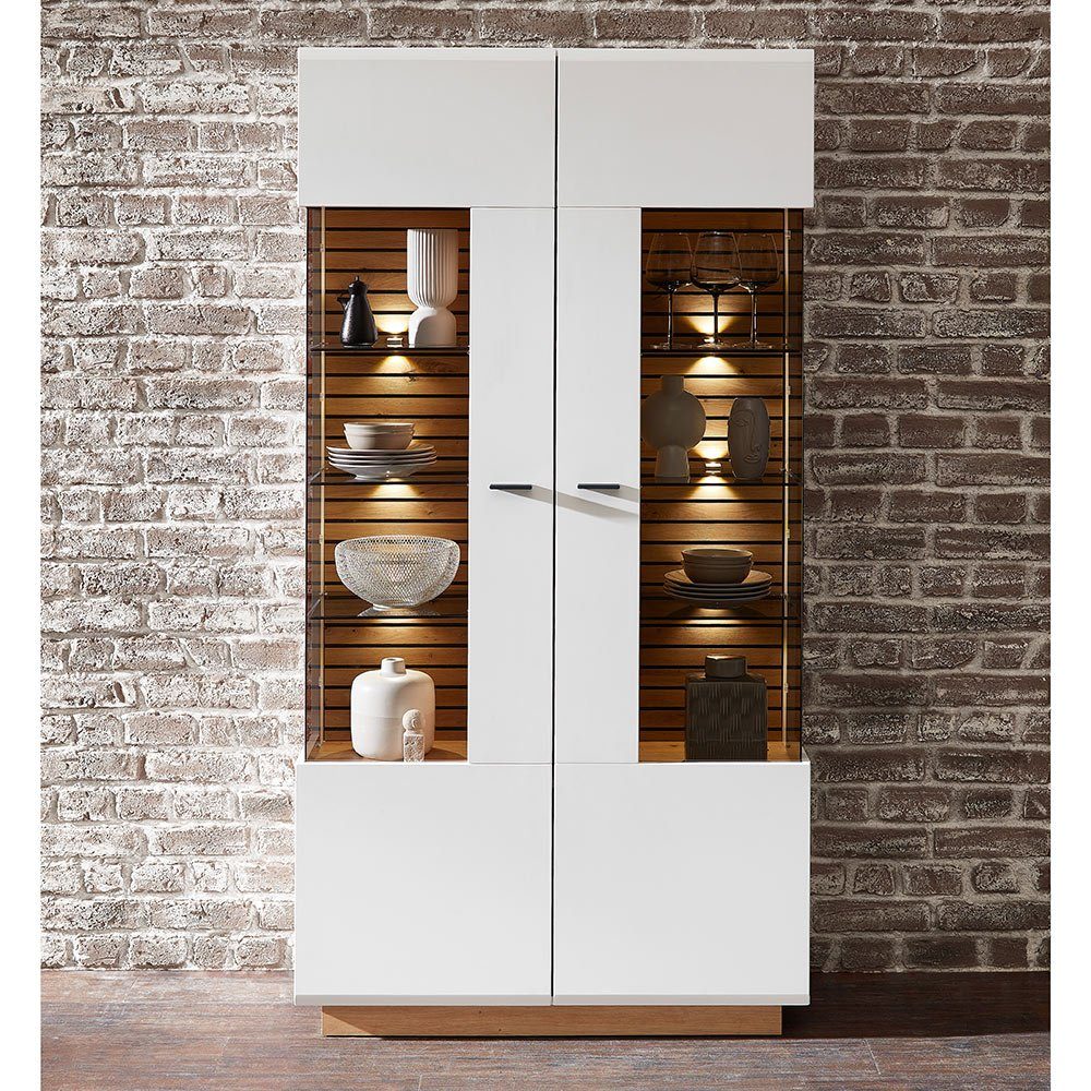 Lomadox Vitrine FALLON-55 Vitrinenschrank, weiß mit Eiche, 98cm breit, inkl. Beleuchtung