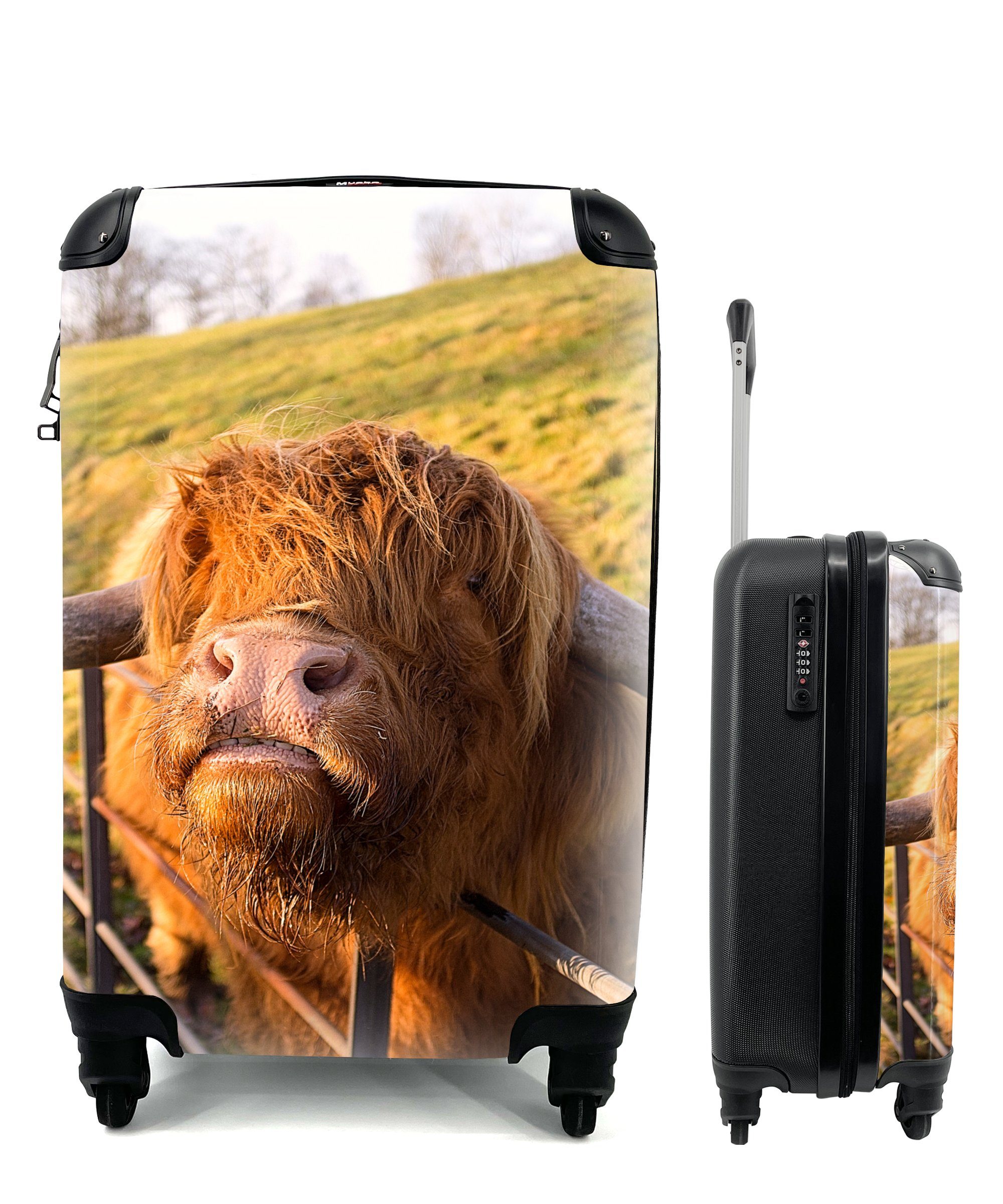 Rollen, mit Reisekoffer Trolley, Gras, 4 Zaun Scottish MuchoWow Handgepäck - rollen, - Handgepäckkoffer Ferien, für Reisetasche Highlander