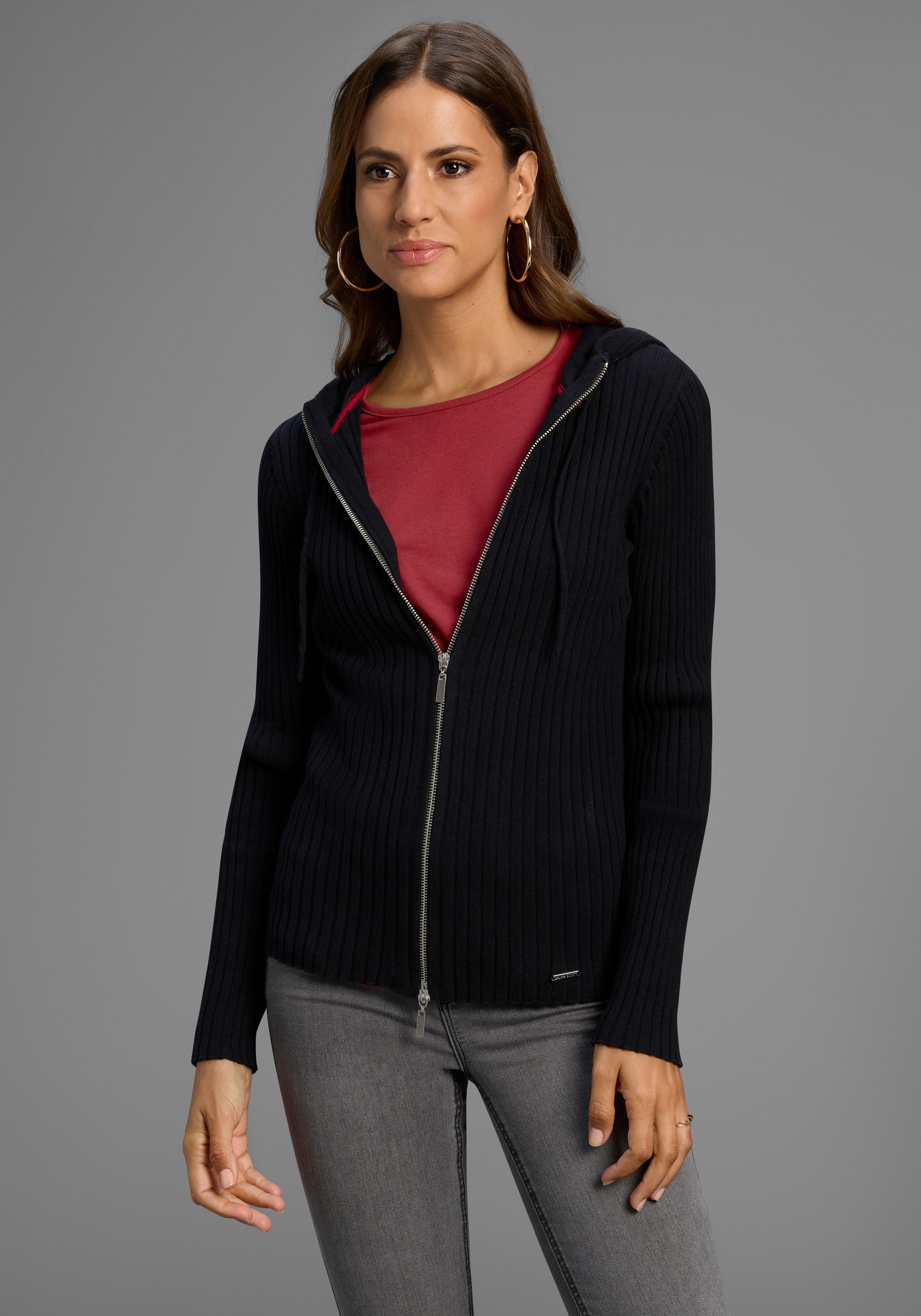 Laura Scott Kapuzenstrickjacke Feinstrick mit Rippe mit 2-Wege-Reißverschlu günstig online kaufen