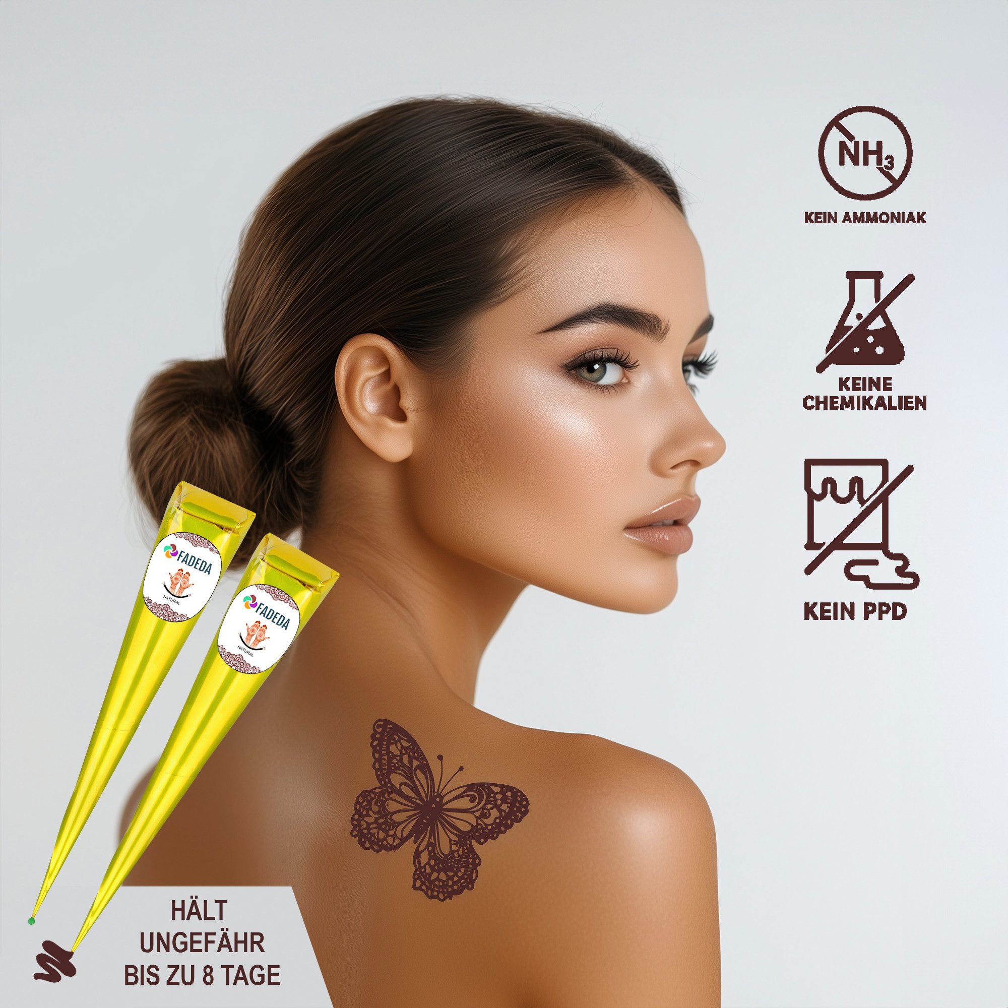 FADEDA Schmuck-Tattoo 4x Henna Kegel je 25g natürliche Paste, 100 % pflanzlich, ohne PPD, 4 Henna Kegel je 25 Gramm, 100 % NATÜRLICHE HENNA-PASTE – Rein pflanzlich
