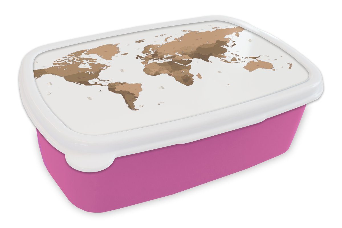 MuchoWow Lunchbox Weltkarte - Braun - Topographie, Kunststoff, (2-tlg), Brotbox für Erwachsene, Brotdose Kinder, Snackbox, Mädchen, Kunststoff rosa