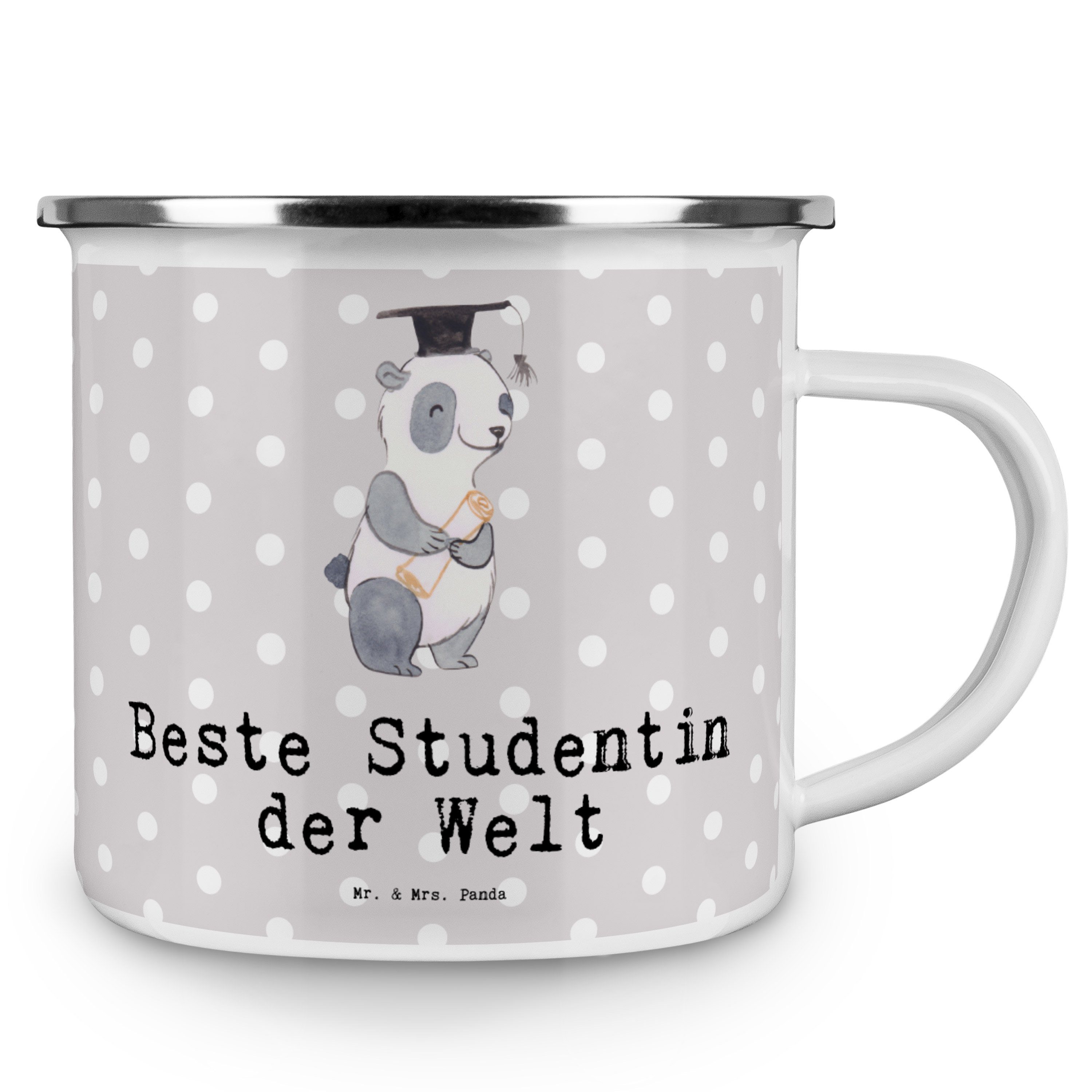 Mr. & Mrs. Panda Beste Grau - Pastell Becher Geschenk, Trinkbecher, Panda Studentin - Emaille der Welt