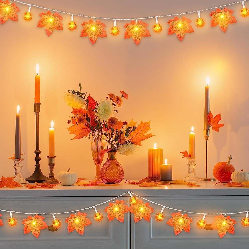 MUPOO LED-Lichterkette LED Nachtlicht Halloween Deko, 1.5/3/6m, 10/20/40LEDs, Batterie, Warmweiß, LED Dekolicht, Ahornblatt Kürbis Girlande,für Thanksgiving – Bild 4 von 5