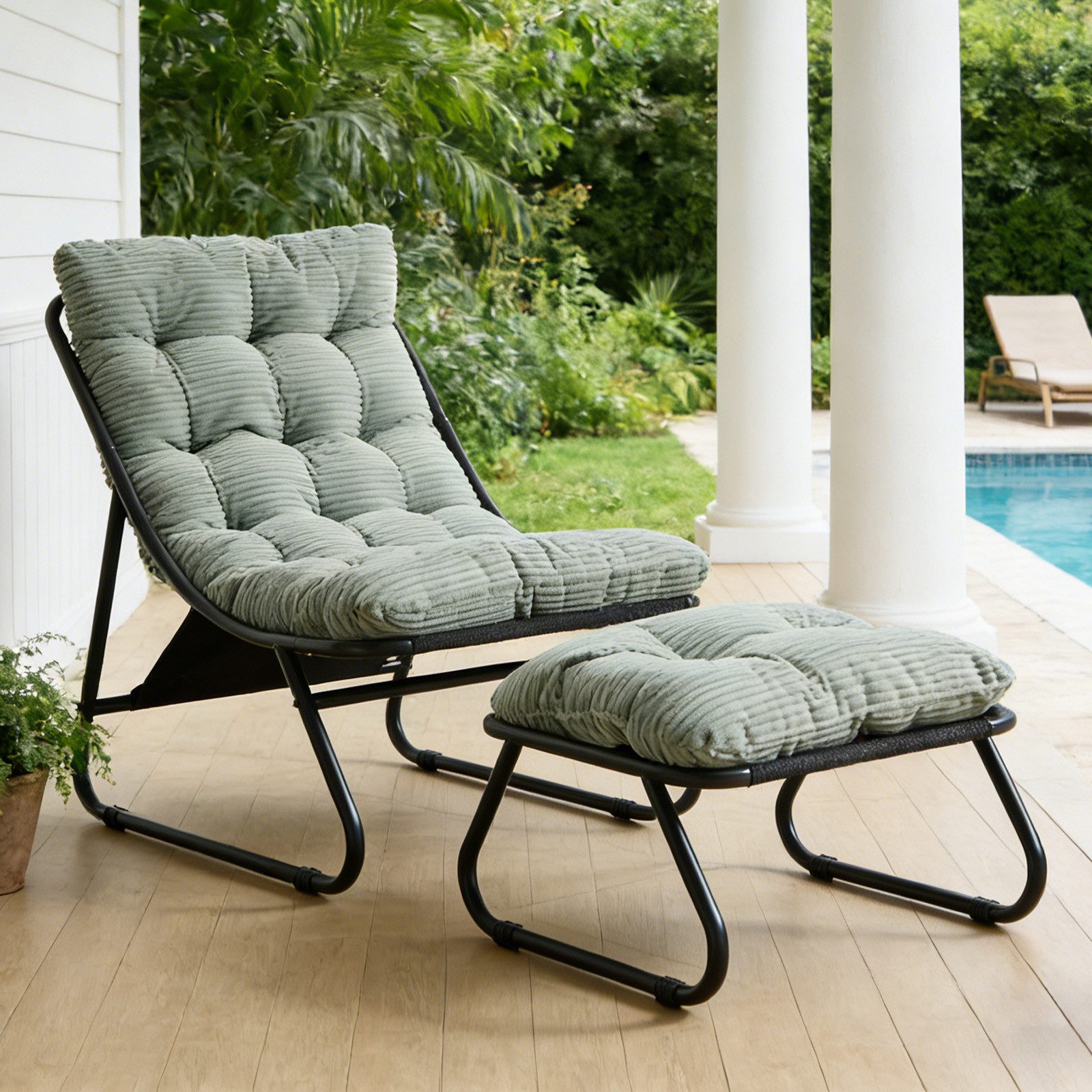 LVHOM Loungesessel mit Hocker, wasserdichtem Stahlrahmen, ergonomisch, für In-/Outdoor (Relaxsessel, bequeme Sitzfläche, Hocker als temporärer Sitz/Schuhwechselbank, rutschfestes Design, rostfreier Metallrahmen, Tragfähigkeit 130 kg), für Garten, Balkon, Wohnzimmer, Schlafzimmer, Arbeitszimmer, Innenhöfe