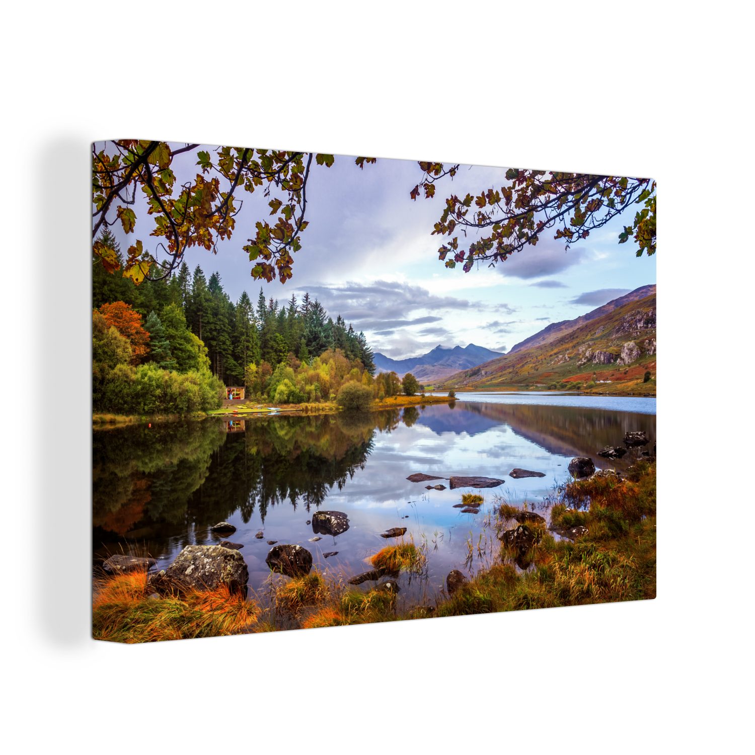 OneMillionCanvasses® Leinwandbild Herbstfarben am See in Snowdonia, (1 St), Wandbild Leinwandbilder, Aufhängefertig, Wanddeko, 30x20 cm