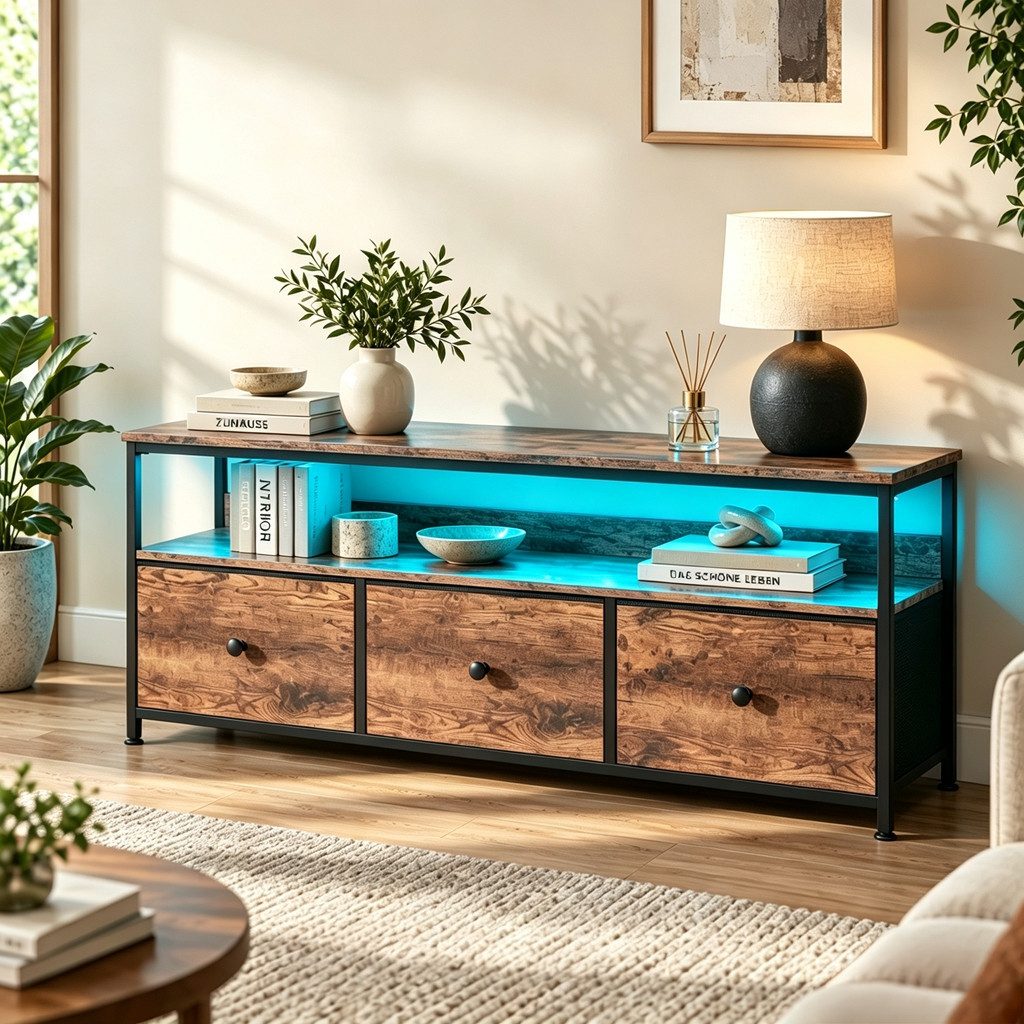 Simurq TV-Schrank TV‑Lowboard mit LED, TV Kommode mit 3 Schubladen (1 St., Fernsehtisch mit verstellbaren Standfüßen) Vintage Holzoptik, Stoffschubladen, verstellbare LED Beleuchtung