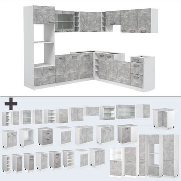 Livinity® Winkelküche R-Line, Beton/Weiß, 237 x 247 cm, AP Eiche