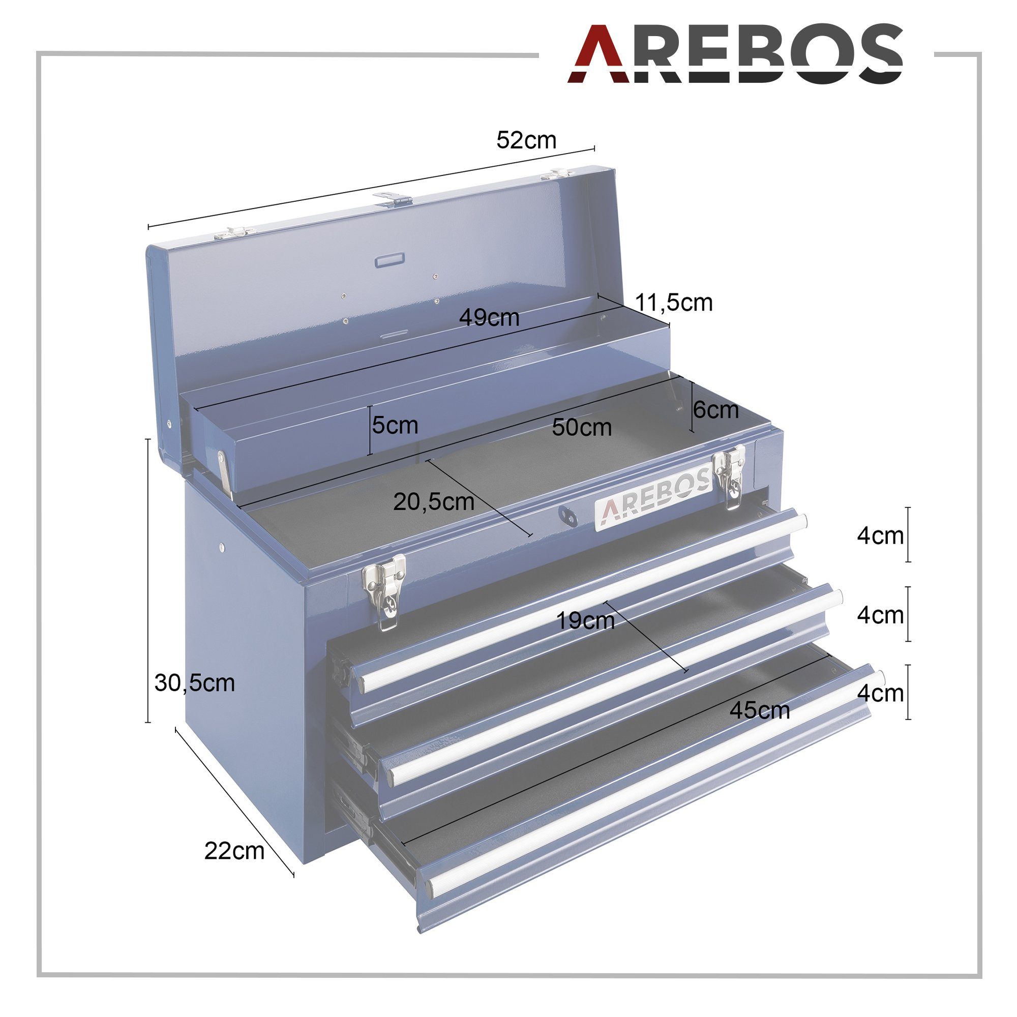 Arebos Werkzeugkoffer mit 3 Schubladen & blau Ablagefächern 2