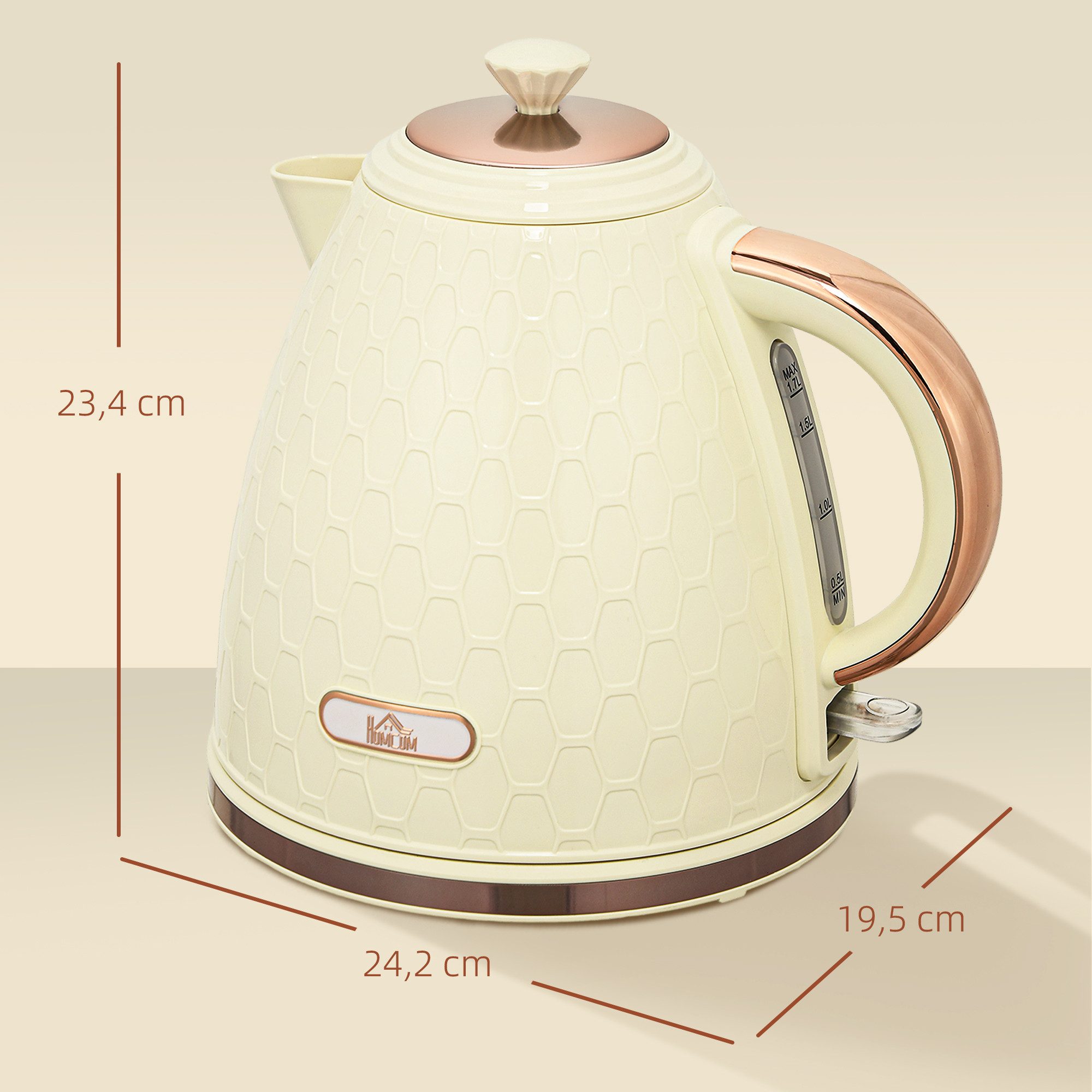 HOMCOM Wasserkocher mit 360°-Sockel, Kalkfilter, Wasserstandsanzeige, 1.7 l, 2200 W, Trockengehschutz, Beige