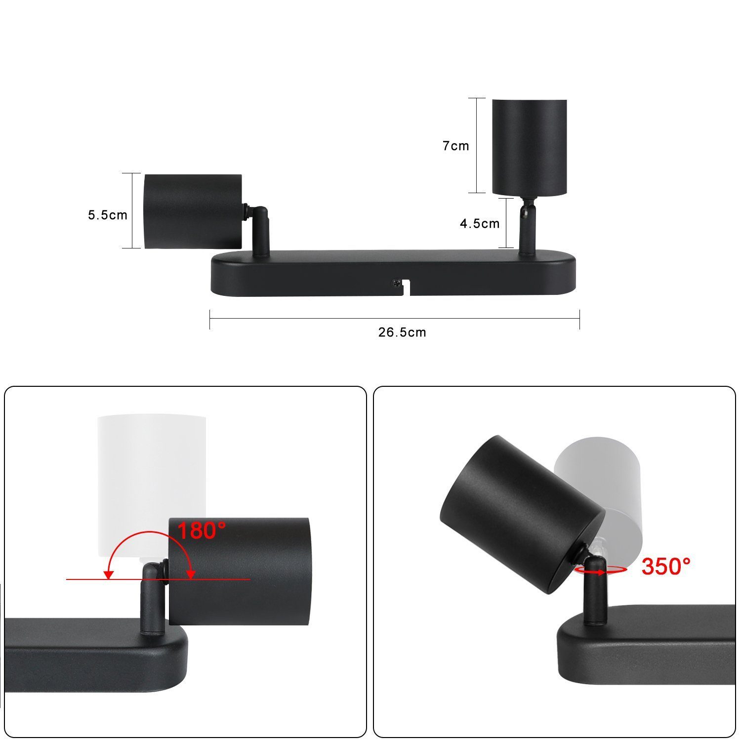 ZMH Deckenstrahler 2 Flammig - Schwarz/Weiß Deckenspots Schwenkbar 350° für Wohnzimmer, Hochwertige Material, ohne Leuchtmittel, RGB-Strahler (Leuchtmittel nich – Bild 5 von 5
