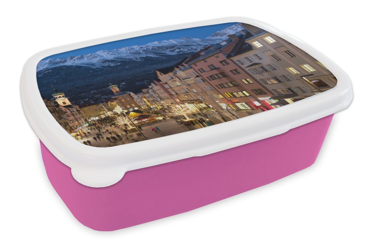 MuchoWow Lunchbox Tirol - Berg - Stadt, Kunststoff, (2-tlg), Brotbox für Erwachsene, Brotdose Kinder, Snackbox, Mädchen, Kunststoff rosa