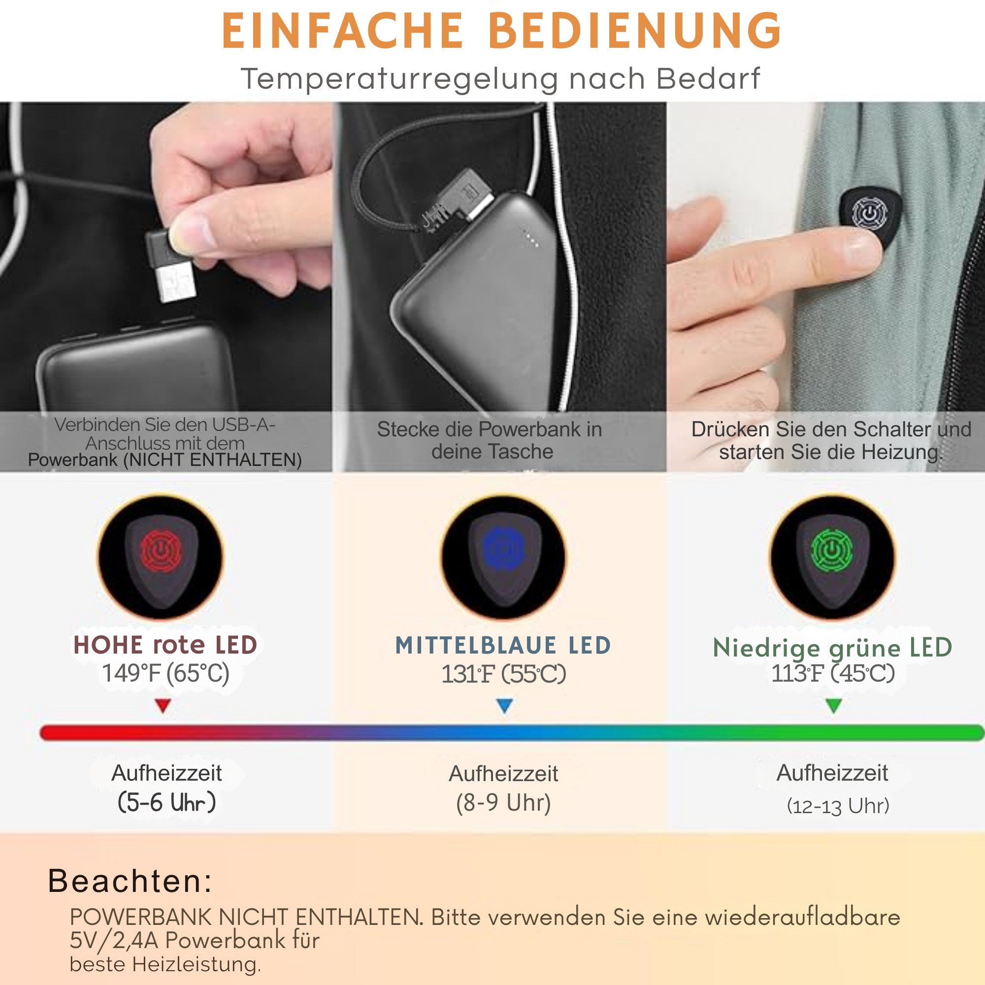 Vivitar Funktionsweste Unisex-Heizweste aus Polar Fleece mit 4 Heizzonen OHNE Powerbank (für Outdoor, Arbeit, Wandern, Skifahren und Winter, ärmellos mit Stehkragen, warme Thermoweste für Damen und Herren) USB-Heizweste mit 3 Heizstufen 45–65 °C, Carbonfaser-Heizung