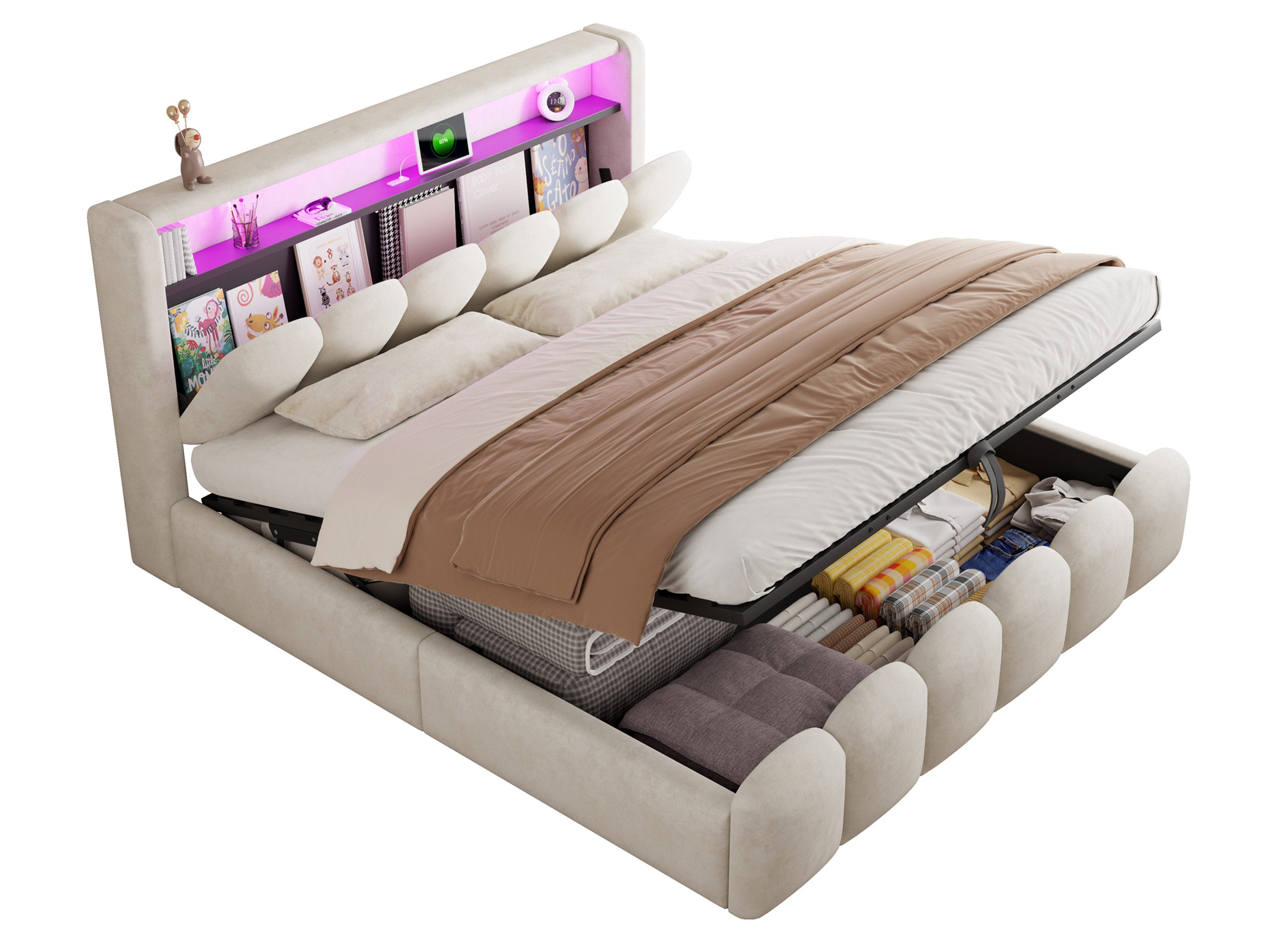 SeedWave Polsterbett Samt Hydraulisches Bett mit LED-Beleuchtung, Ladefunktion, 180×200cm, Versteckter Stauraum, 1 geschlossenes Fach hinter der Rückenlehne