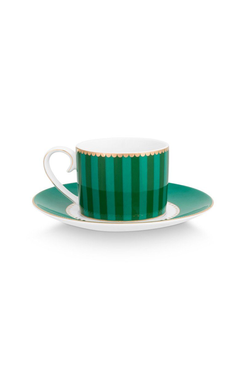 PiP Studio Espressotasse Love Birds Stripes Espressotasse m.U. grün 125ml, Porzellan, Espresso Cup & Saucer Love Birds Stripes Emerald-Green 125ml
