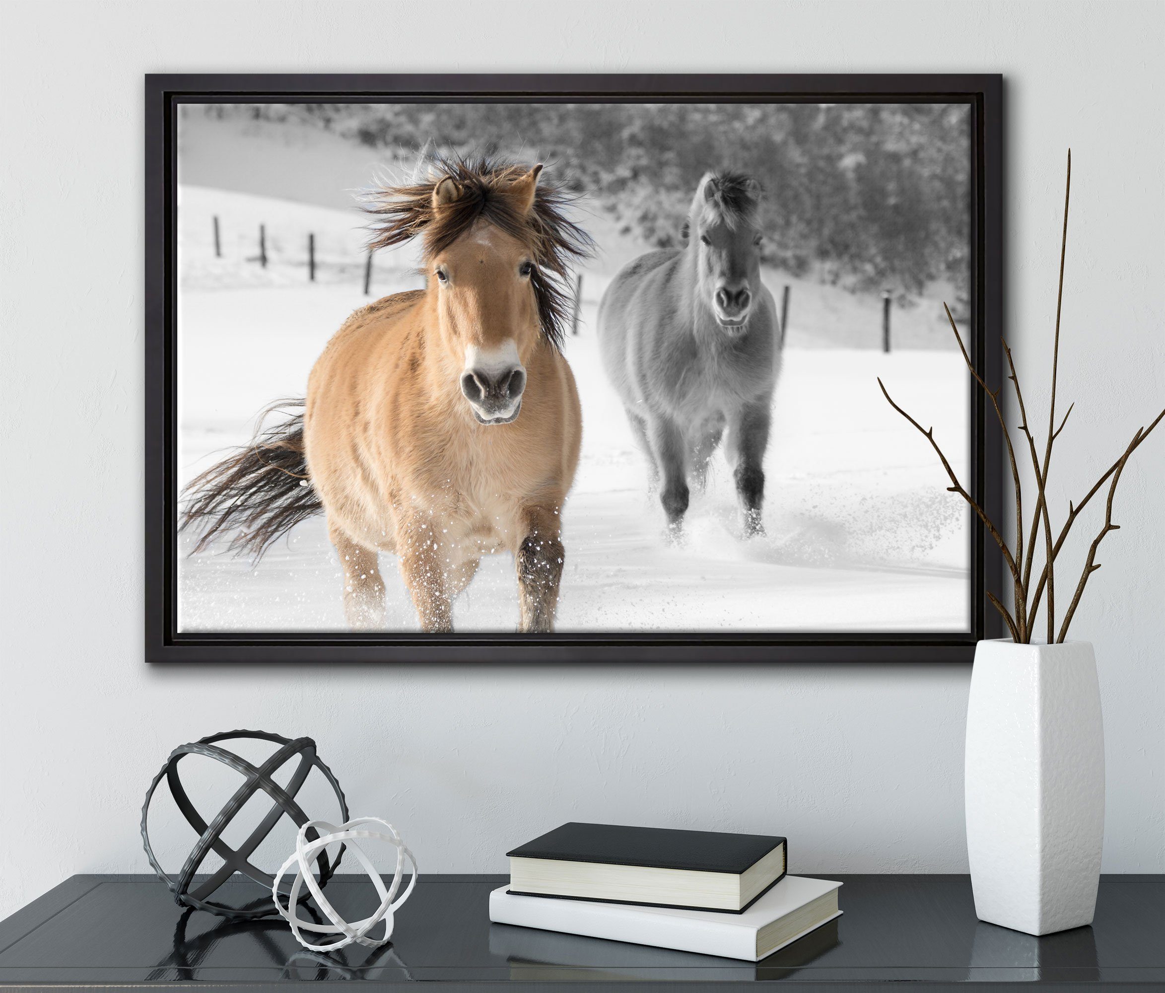 inkl. schöne Wanddekoration Ponys Leinwandbild im bespannt, Pixxprint Schattenfugen-Bilderrahmen fertig Schnee, Zackenaufhänger zwei in einem St), gefasst, (1 Leinwandbild