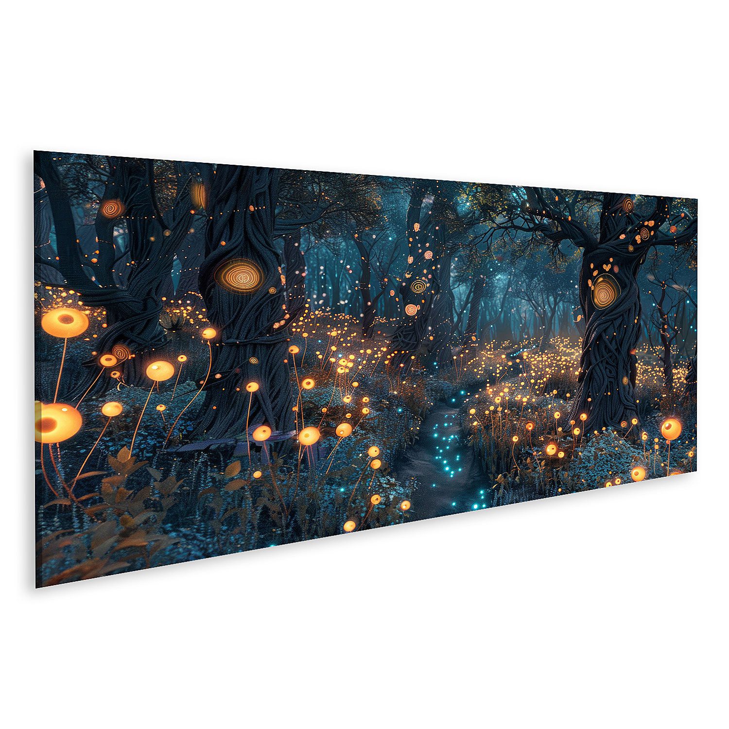 islandburner Leinwandbild, Verzauberter Wald bei Nacht mit leuchtenden Kuge günstig online kaufen