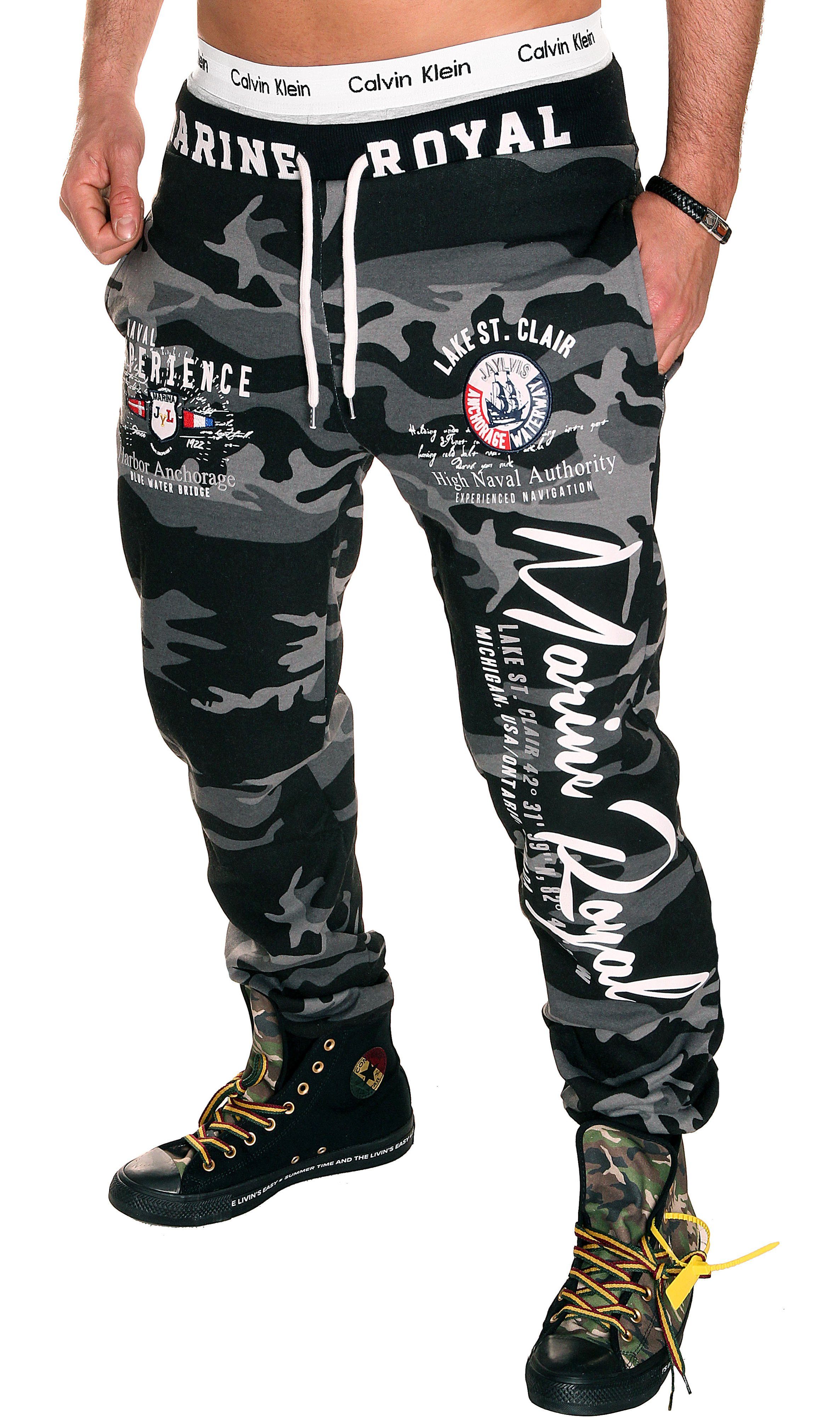 Jaylvis Jogginghose Herren Trainingshose Sport Hose Camouflage Uni Marine Royal Camouflage/Dunkel-Weiß