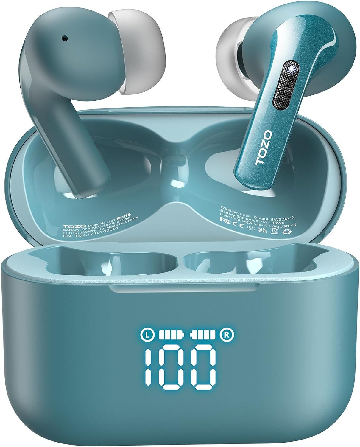 TOZO kabellos 48,5 Stdn. Spielzeit mit LED-Digitalanzeige IPX8 wasserdicht In-Ear-Kopfhörer (Stereoklang mit lebendigem Sound und kräftigen Bässen genießen., Dual Mic Call Noise Cancelling 10mm Breitbandlautsprecher für Sport)