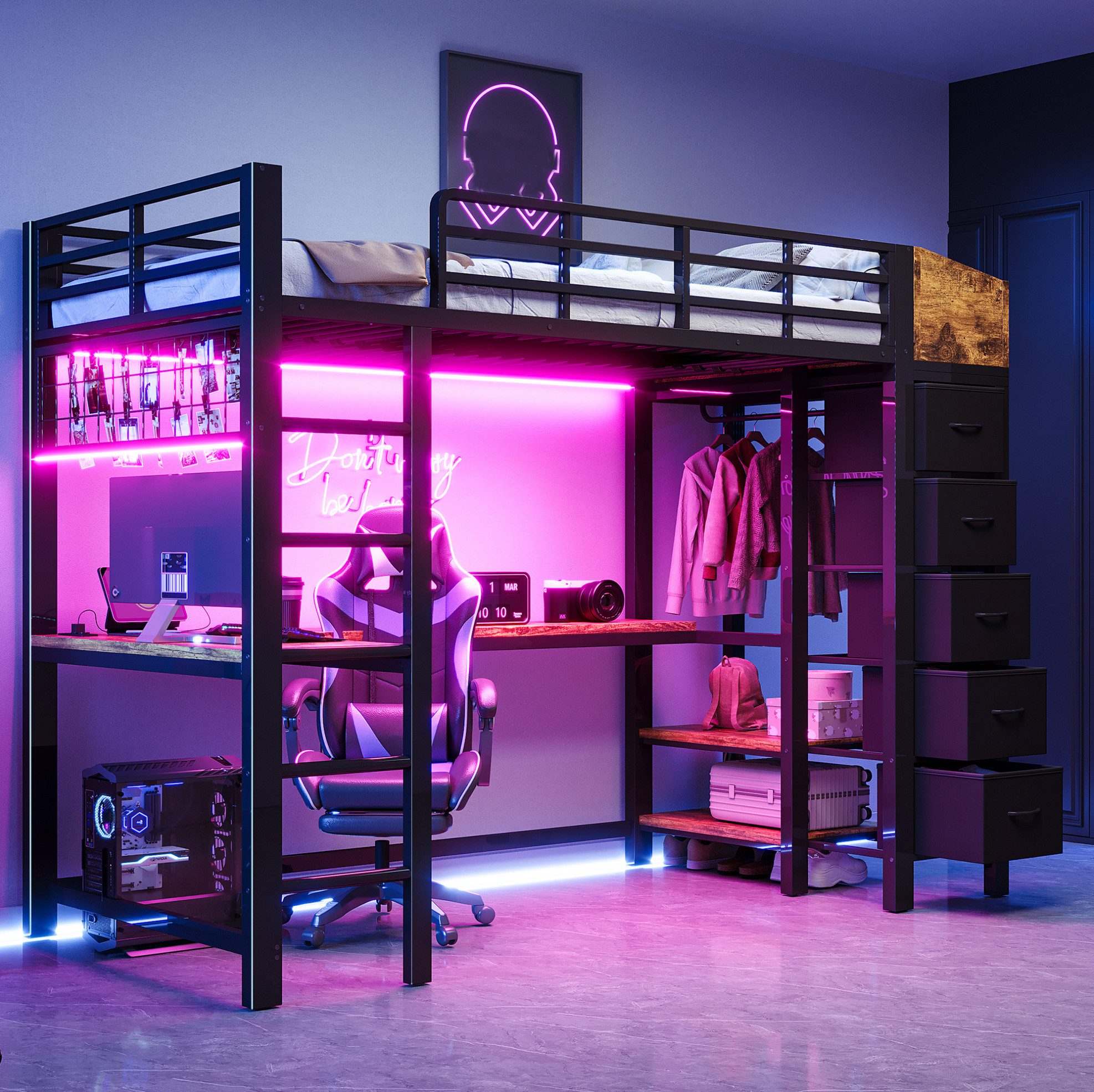 MODFU Hochbett Gaming Bett mit Schreibtisch, LED Lichtband, Metallbett Jugendbett (90x200 cm, mit USB Type-C Ladefunktion, Sicherheitsgitter und Aufbewahrungssystem) Eisenbett Kinderbett, ohne Matratze