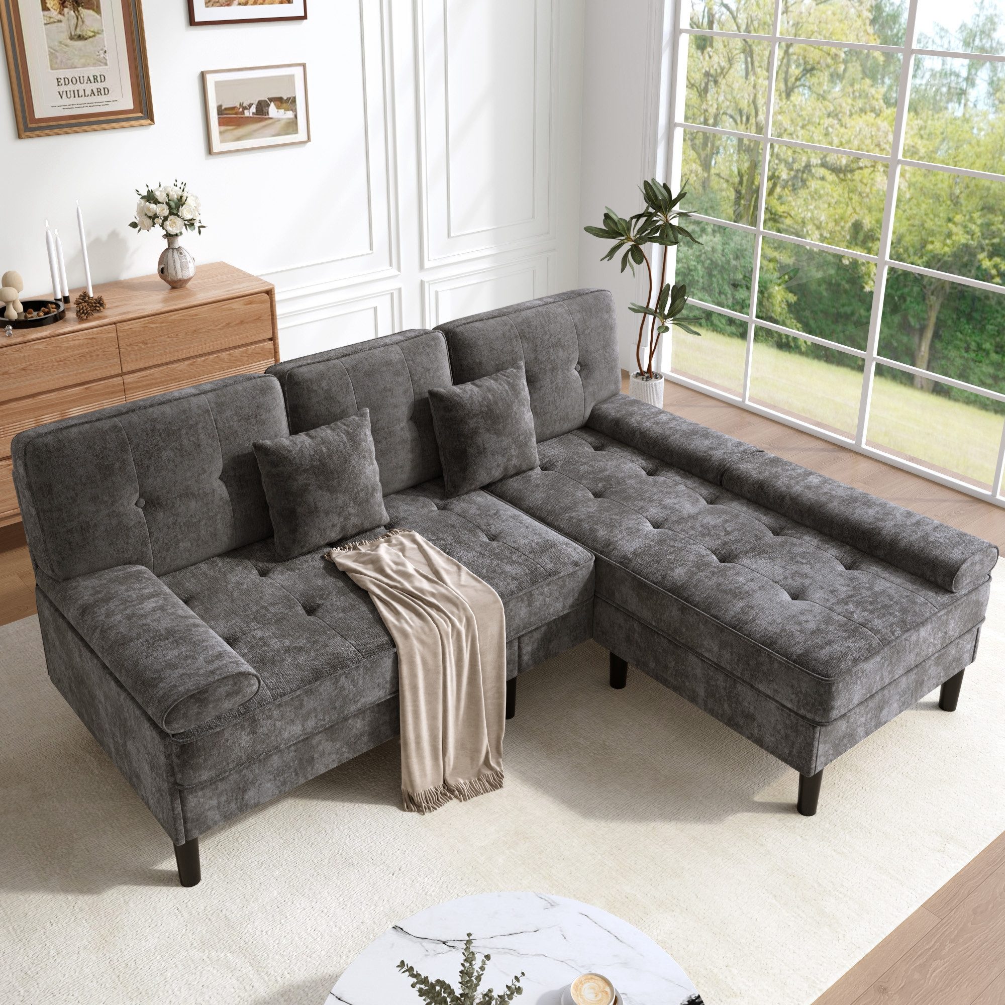 Merax Ecksofa Chenille L-Form Sofa, Platzsparendes Ecksofa für Wohnzimmer & Apartment 1 Teile, Modulares 3-Sitzer Sofa mit Chaiselongue & Fußbank, Breite: 195cm