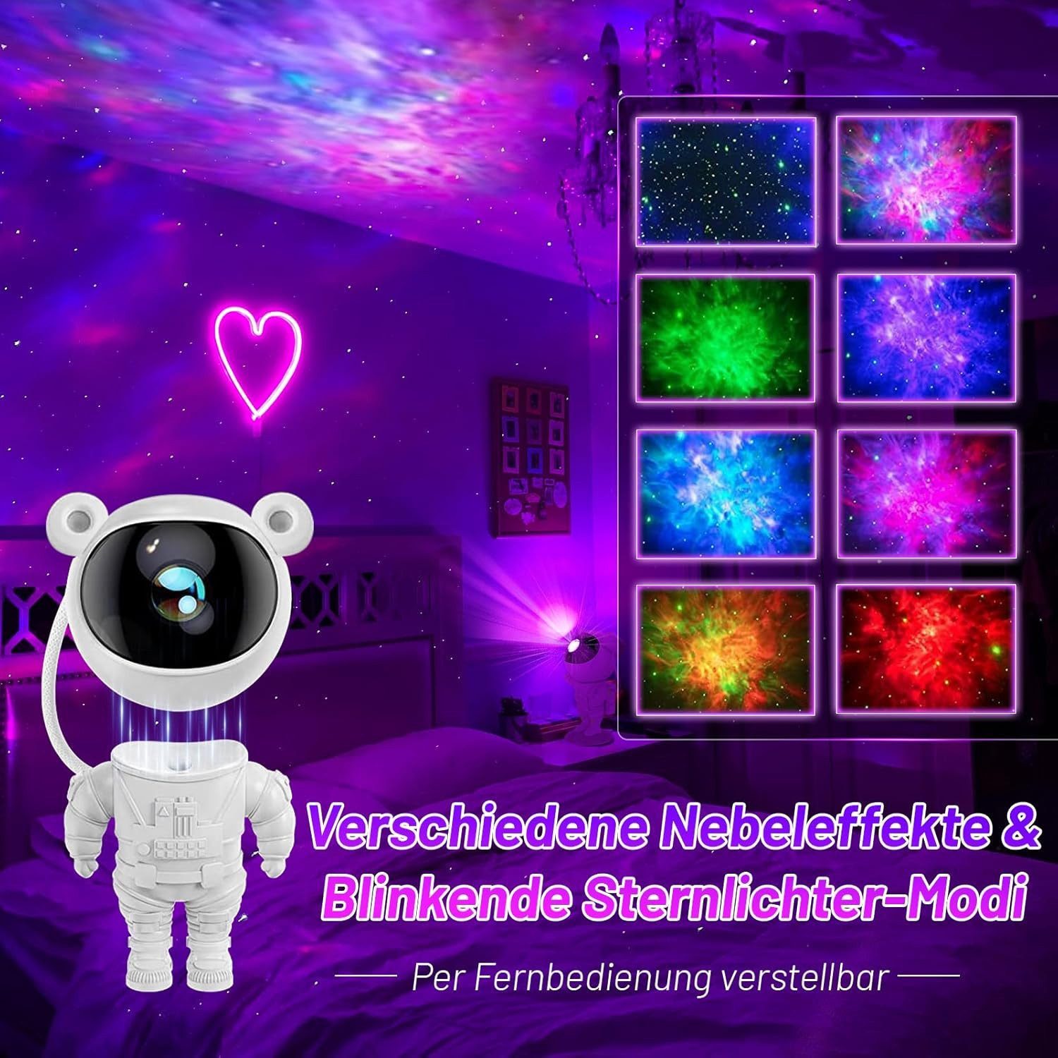 kowdom Nachtlicht Sternenhimmel Projektor Astronaut Nachtlicht mit Fernbedienung Timer, LED, mehrfarbig, wählbar, Astronaut-Design, Fernbedienung, Timer, 360° R – Bild 4 von 5