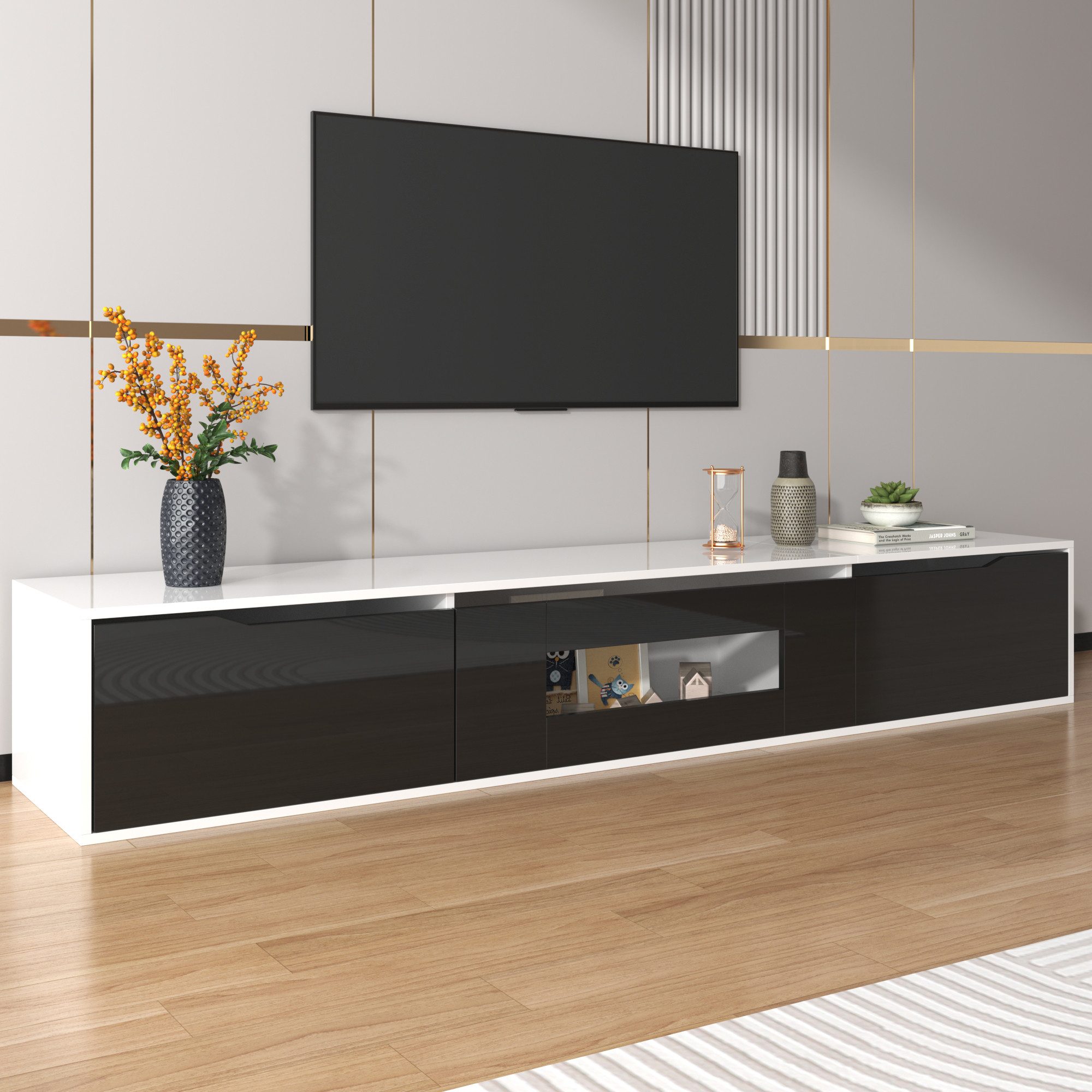 Fine Life Pro TV-Schrank TV-Schrank, Hochglanz-TV-Schrank, (mit farbwechselnder LED-Beleuchtung) farblich passend zu Schwarz und Weiß