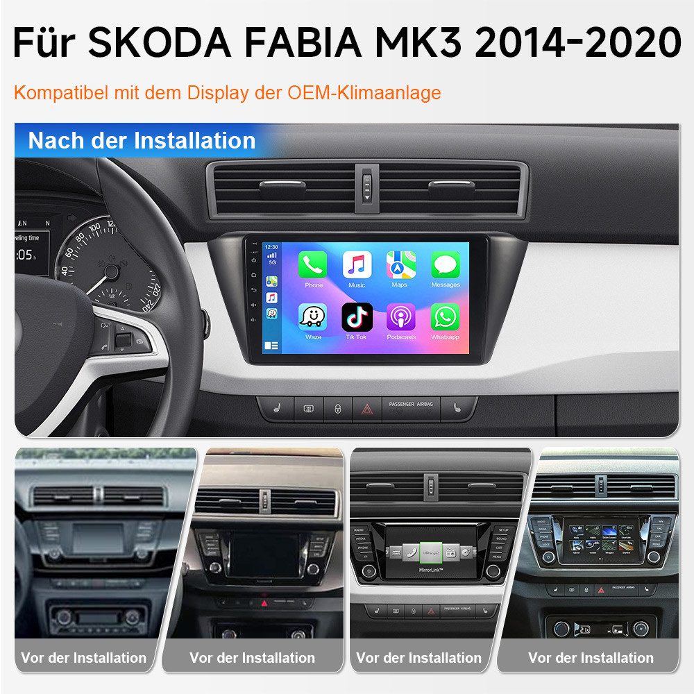 A-Sure 9 Zoll Carplay Android 15 64GB Navi FM Für Skoda Fabia 3 III 2014-2020 Autoradio (Digitalradio (DAB), AM, 1280*800 IPS Screen/8-Core CPU, RDS, DSP, GPS, SWC, Navi, UI Theme, Siri, Mirrorlink, Google play, Netflix, Youtube, Calendar, TikTok)