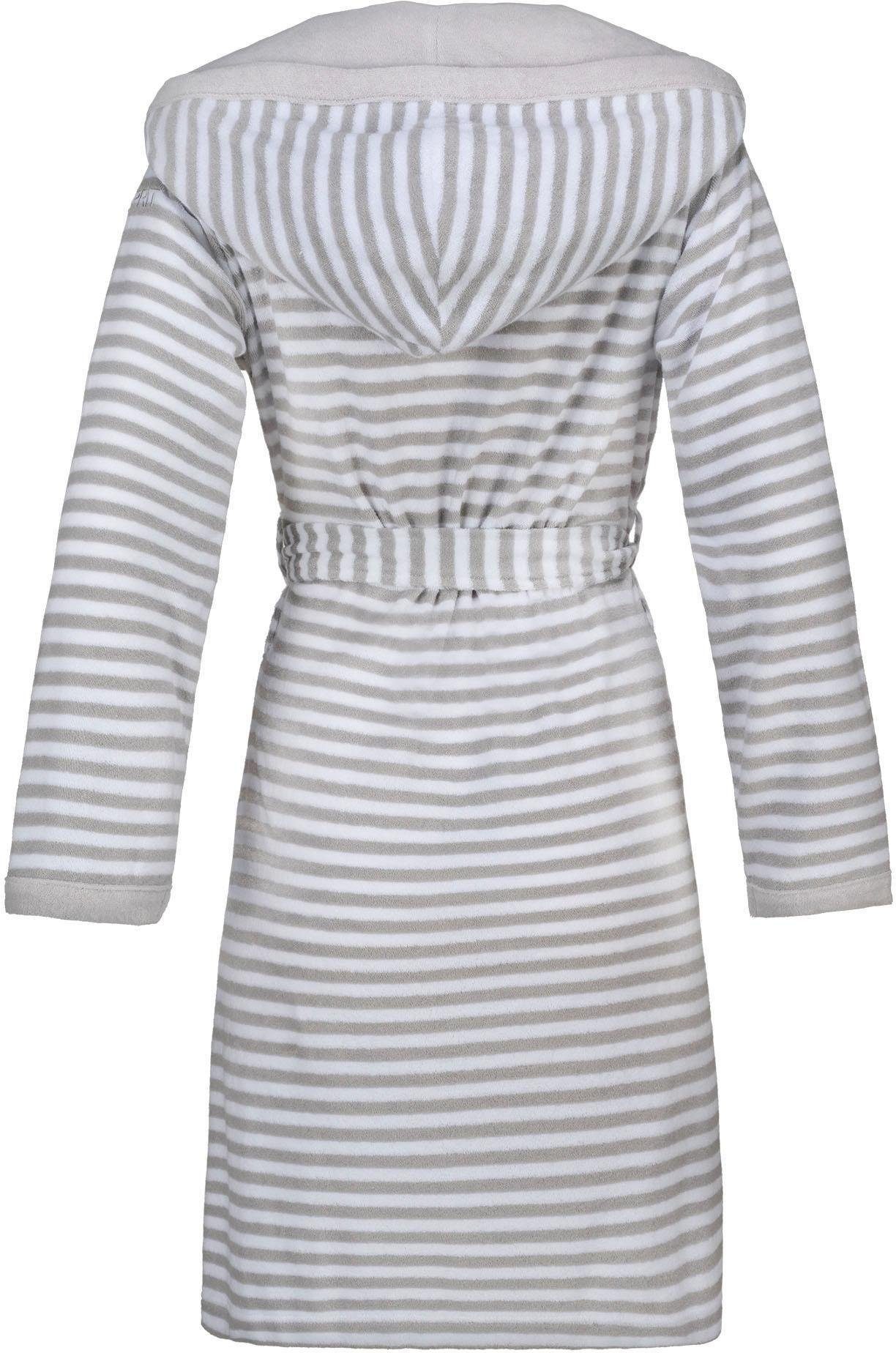Esprit Damenbademantel Striped gestreift mit Kurzform, stone Hoody, Gürtel, Kapuze, Kapuze, Rundstrickware