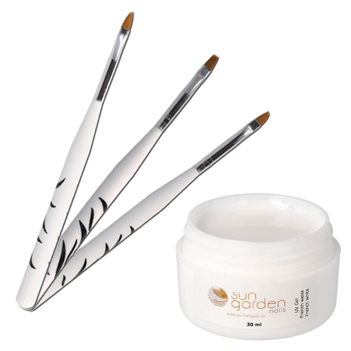 Sun Garden Nails Nagellack 30 ml UV Nail Classic French weiß Nail Gel + 3 tlg. Pinselset
