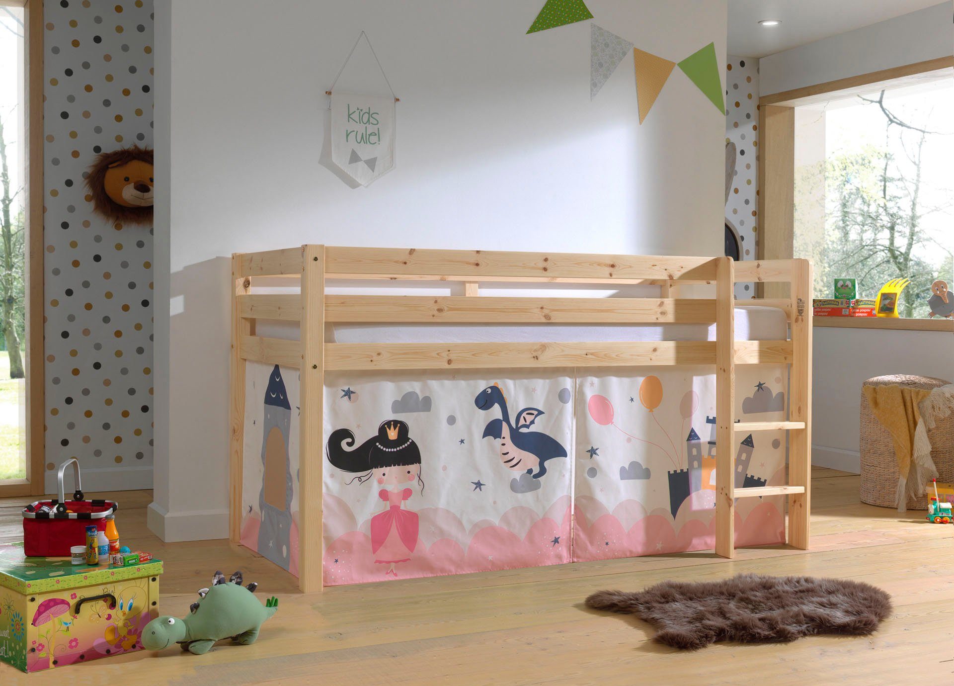 Vipack Spielbett Pino, Kiefer massiv, mit Rolllattenrost u. Textil-Set, Made in Europe (B/H/T ca. 210x114x106cm, mit Leiter und Absturzschutz), verschiedene Textil Dessins, 3 Gestellfarben zur Wahl