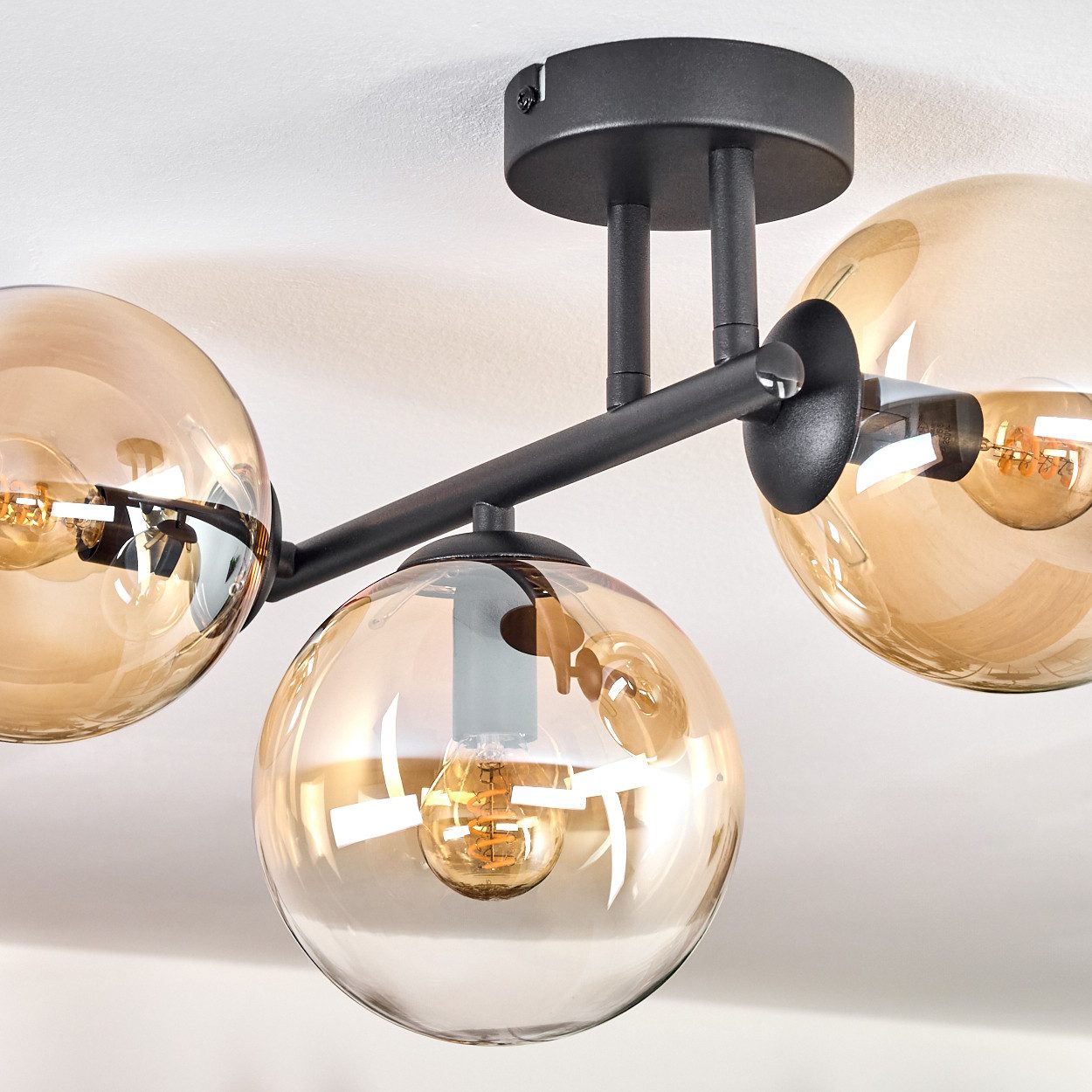 hofstein Deckenleuchte Deckenlampe aus Metall/Glas in Schwarz/Bernsteinfarben/Klar, Deckenleuchte im Retro/Vintage-Design (Schirme Ø 15 cm), 3 x E14