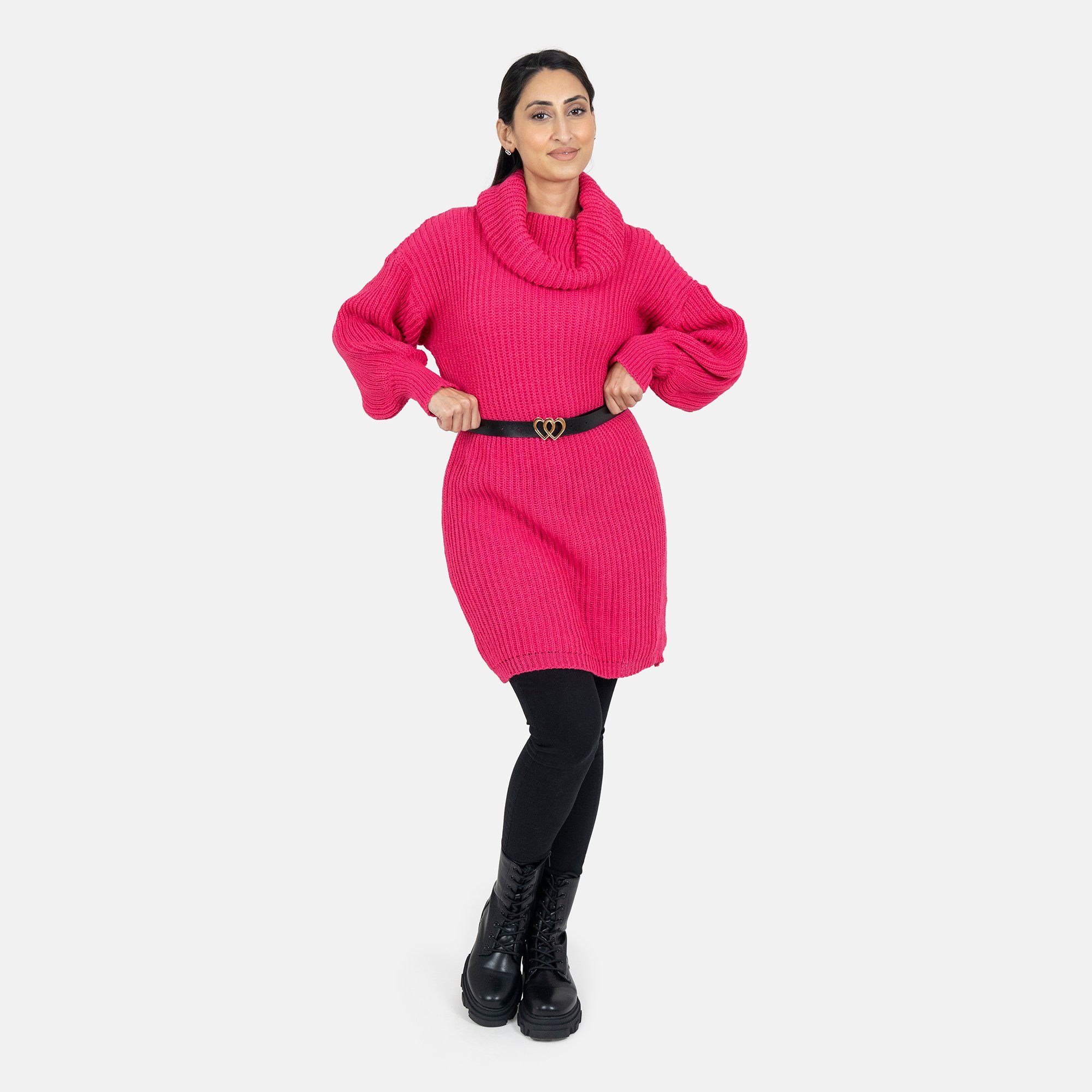 Elara Strickkleid Elara Damen Rollkragen Strickkleid mit Gürtel (2-tlg) Fuchsia