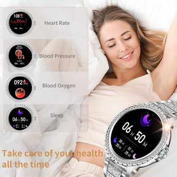 fitonyo Fur Damen mit Telefonfunktion musiksteuerung,19 Sportmodi Smartwatch (1,32 Zoll, Android iOS), mit Anruffunktion,Menstruationszyklus SpO2 Pulsmesser Schlafmonitor