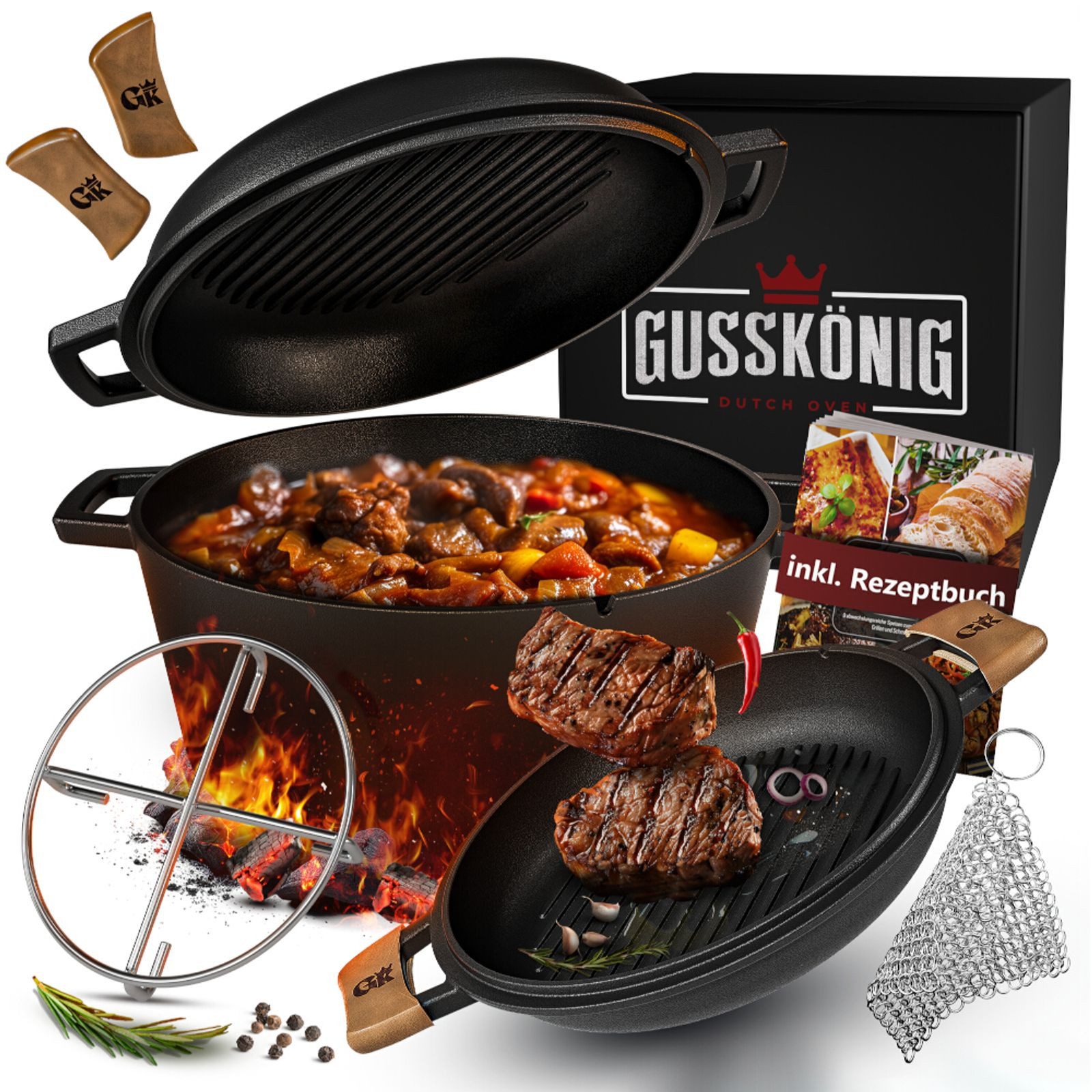 GUSSKÖNIG Feuertopf Dutch Oven 5 l Set aus Gusseisen – 2in1 mit Zubehör Grill Lagerfeuer, Gusseisen