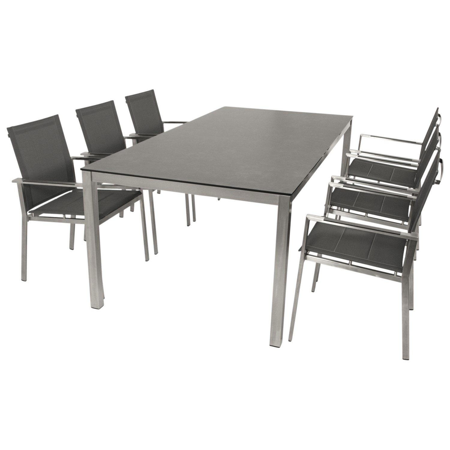 DEGAMO Garten-Essgruppe SYDNEY Edelstahl, (7-tlg., 6x Stapelsessel, 1x Tisch 200x100cm), Oberfläche gebürstet, Tischplatte Keramikoptik, wetterfest