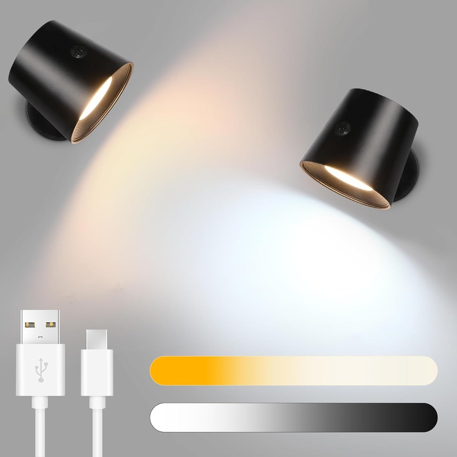 ZMH LED Wandleuchte Leselampe Schwarz Akku 360° Drehbar Touch Control 3 Helligkeitsstufen, Mit Fernbedienung Augenschutz, LED fest integriert, 3000-6500K, USB-Ladefunktion, Wohnzimmer